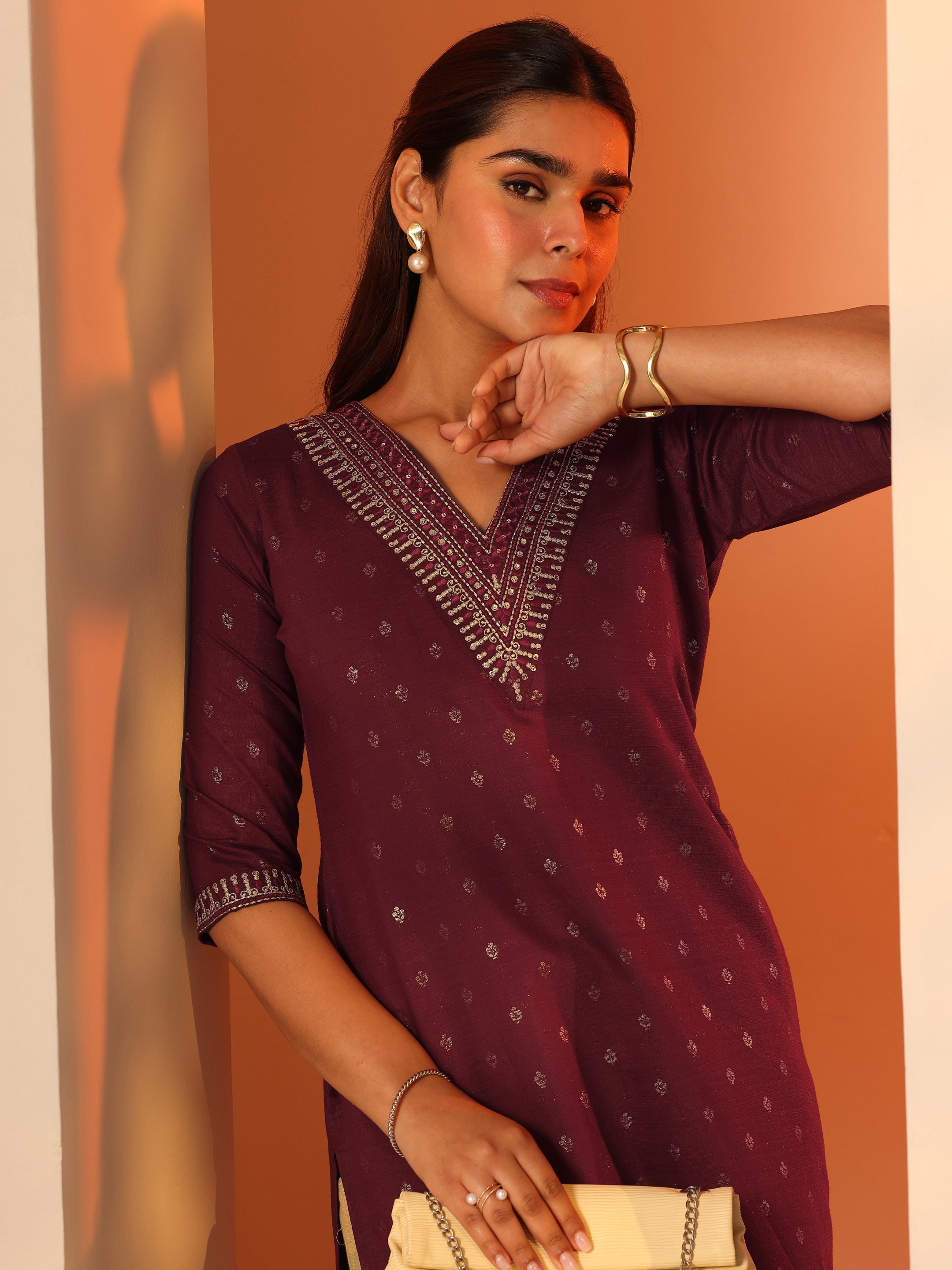 Maroon Printed Silk Blend Straight Kurta-image-36