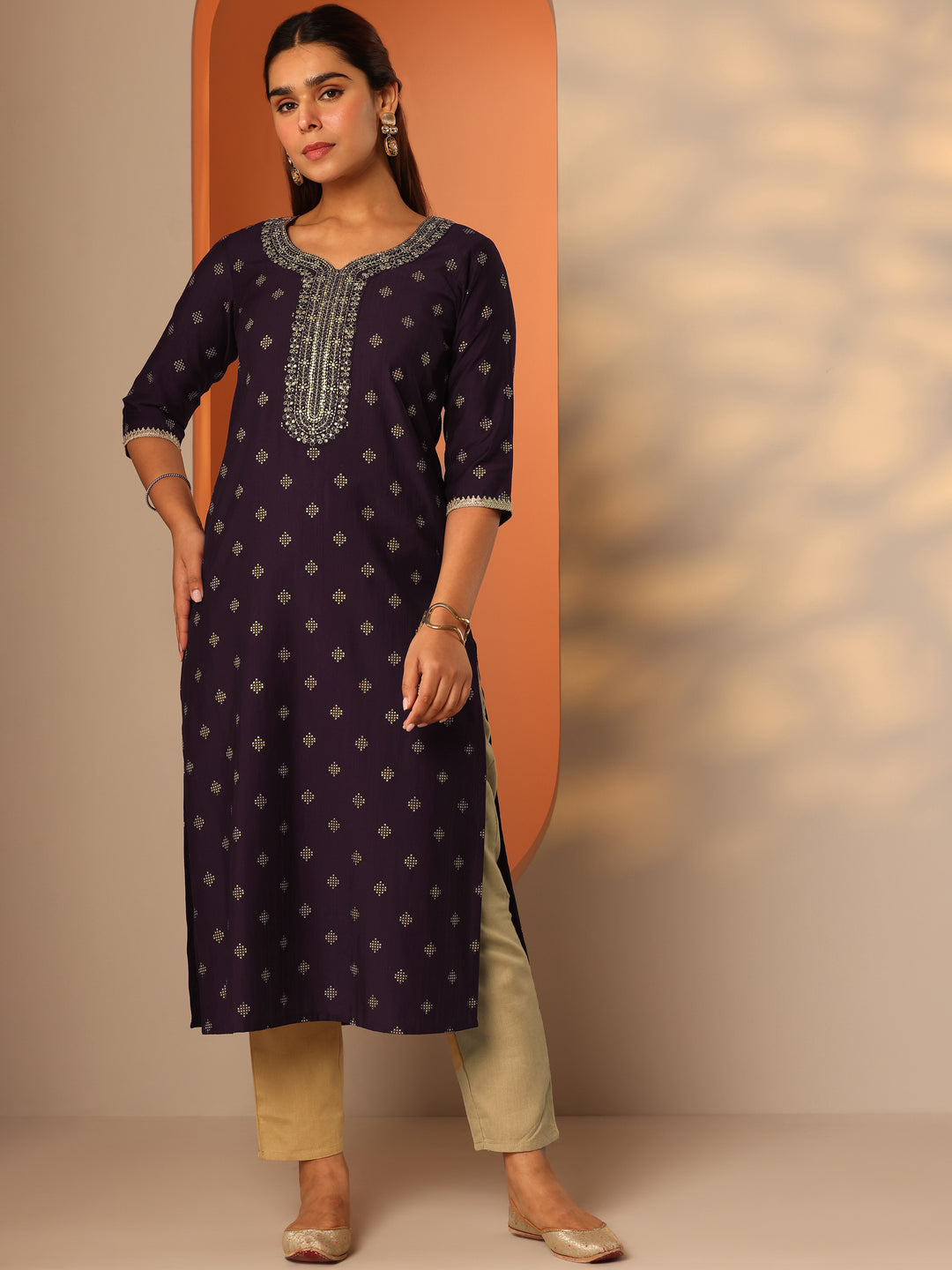  Burgundy Woven Design Silk blend Straight Kurta 