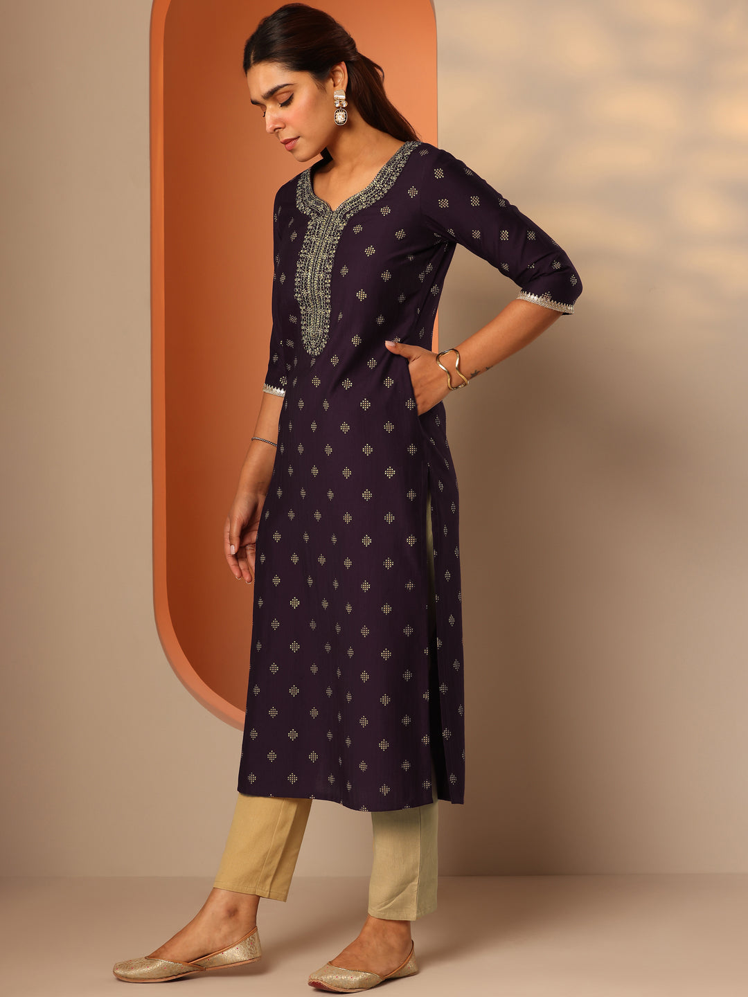 Burgundy Woven Design Silk blend Straight Kurta 