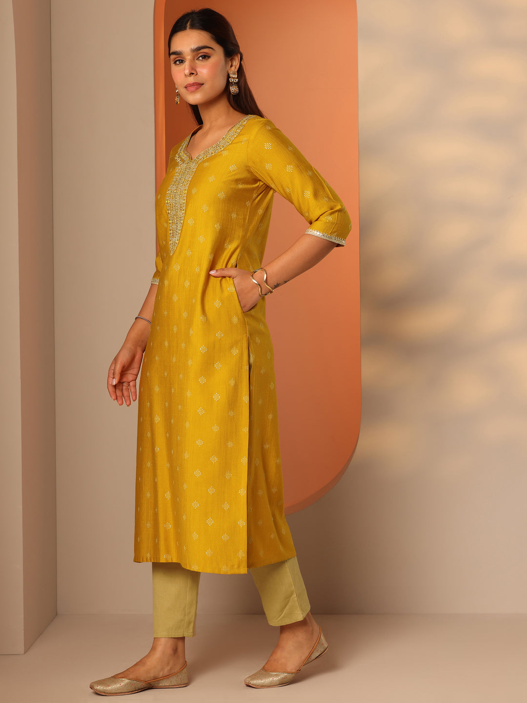  Yellow Woven Design Silk Blend Straight Kurta 