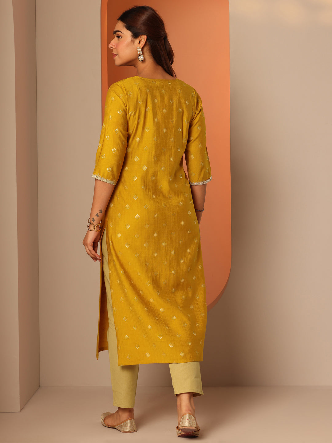  Yellow Woven Design Silk Blend Straight Kurta 