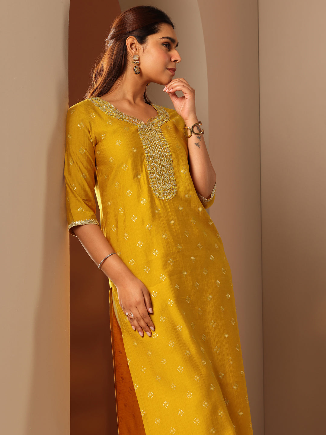  Yellow Woven Design Silk Blend Straight Kurta 