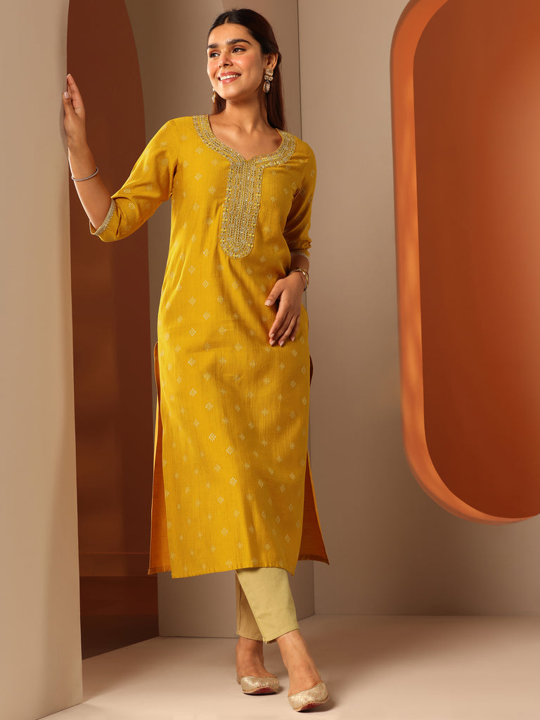 Libas Yellow Woven Design Silk Blend Straight Kurta