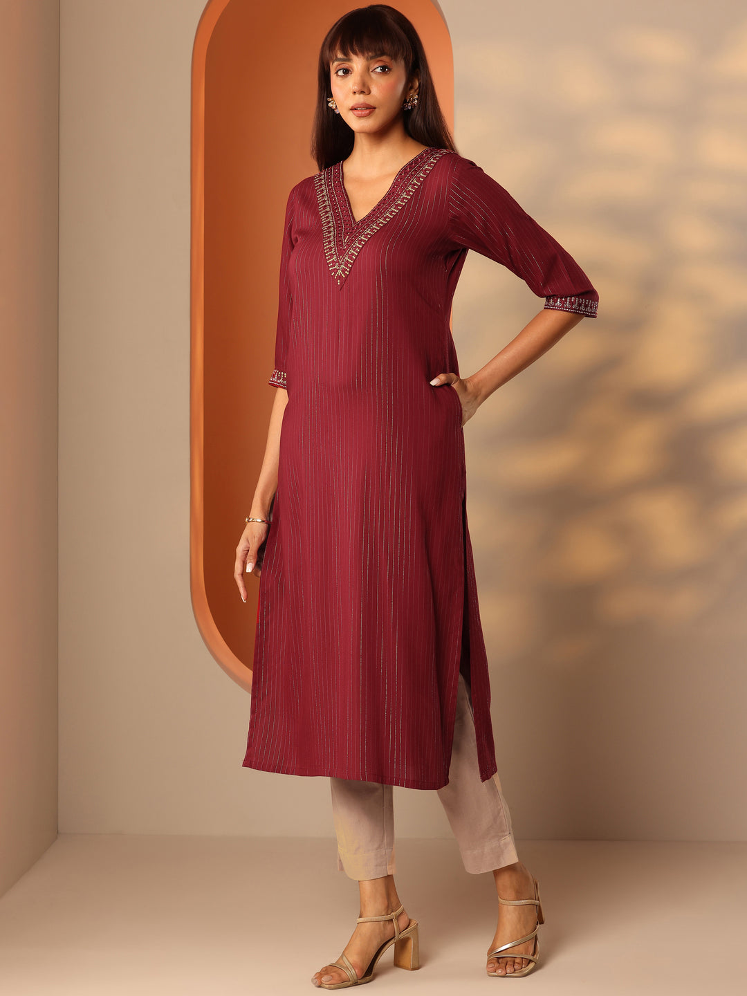  Red Embellished Rayon Straight Kurta 