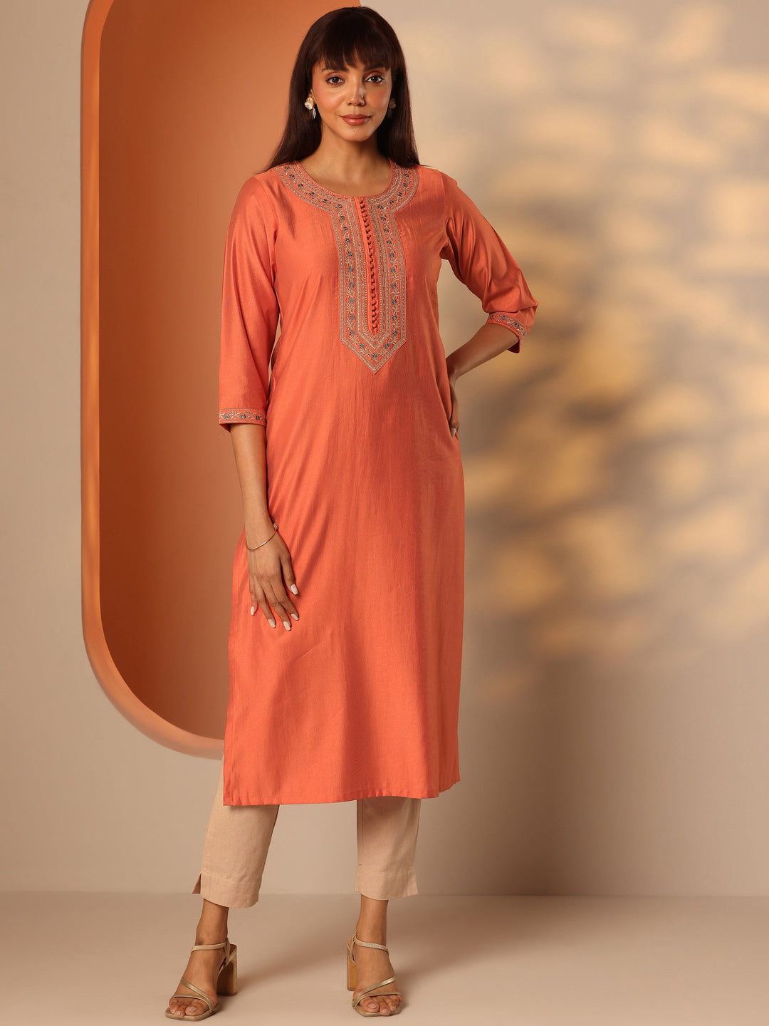  Orange Embroidered Silk Blend Straight Kurta 