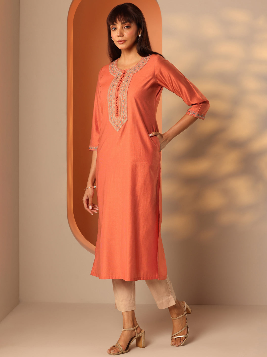  Orange Embroidered Silk Blend Straight Kurta 