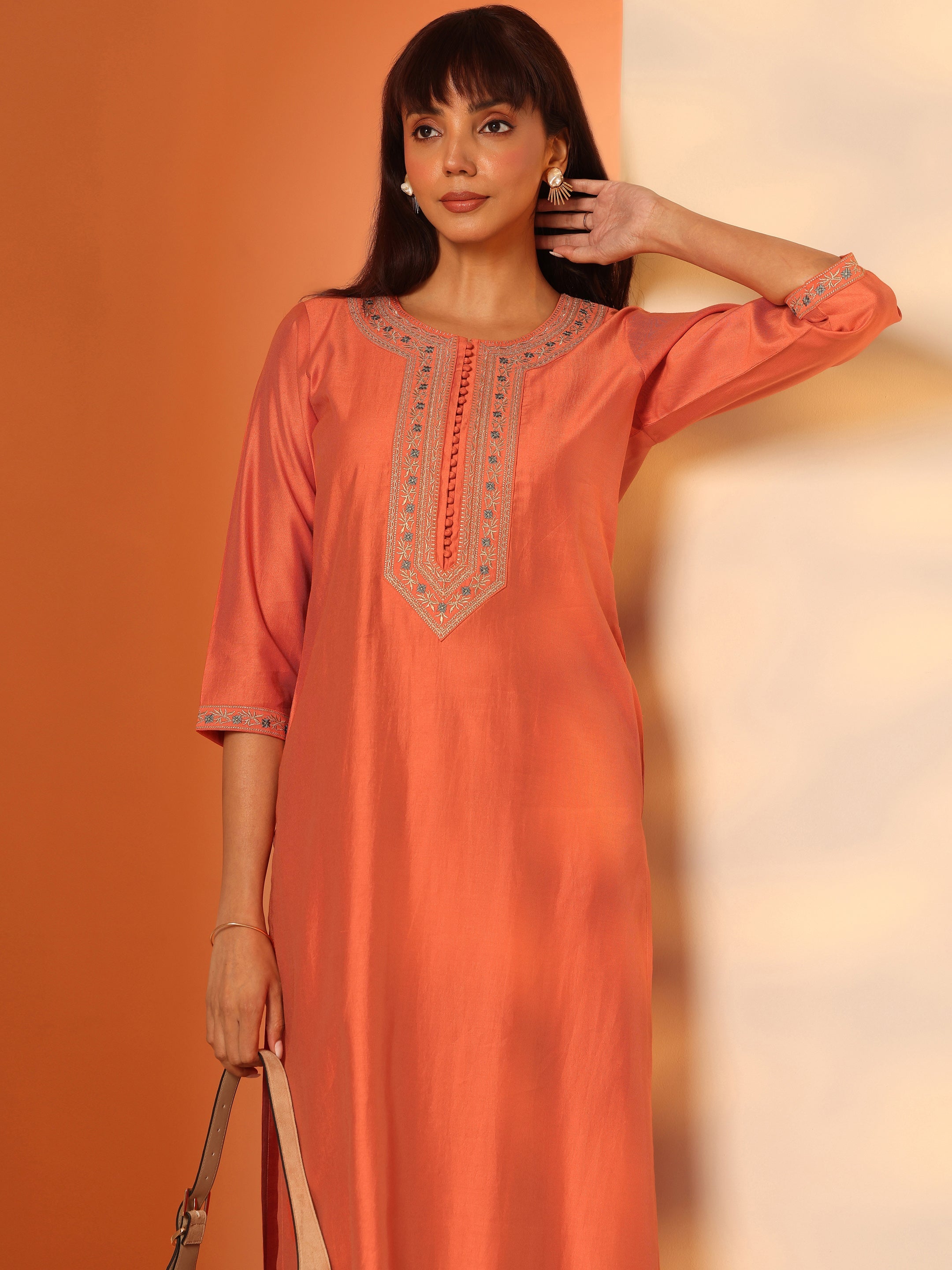 libas Orange Embroidered Silk Blend Straight Kurta-picture-51
