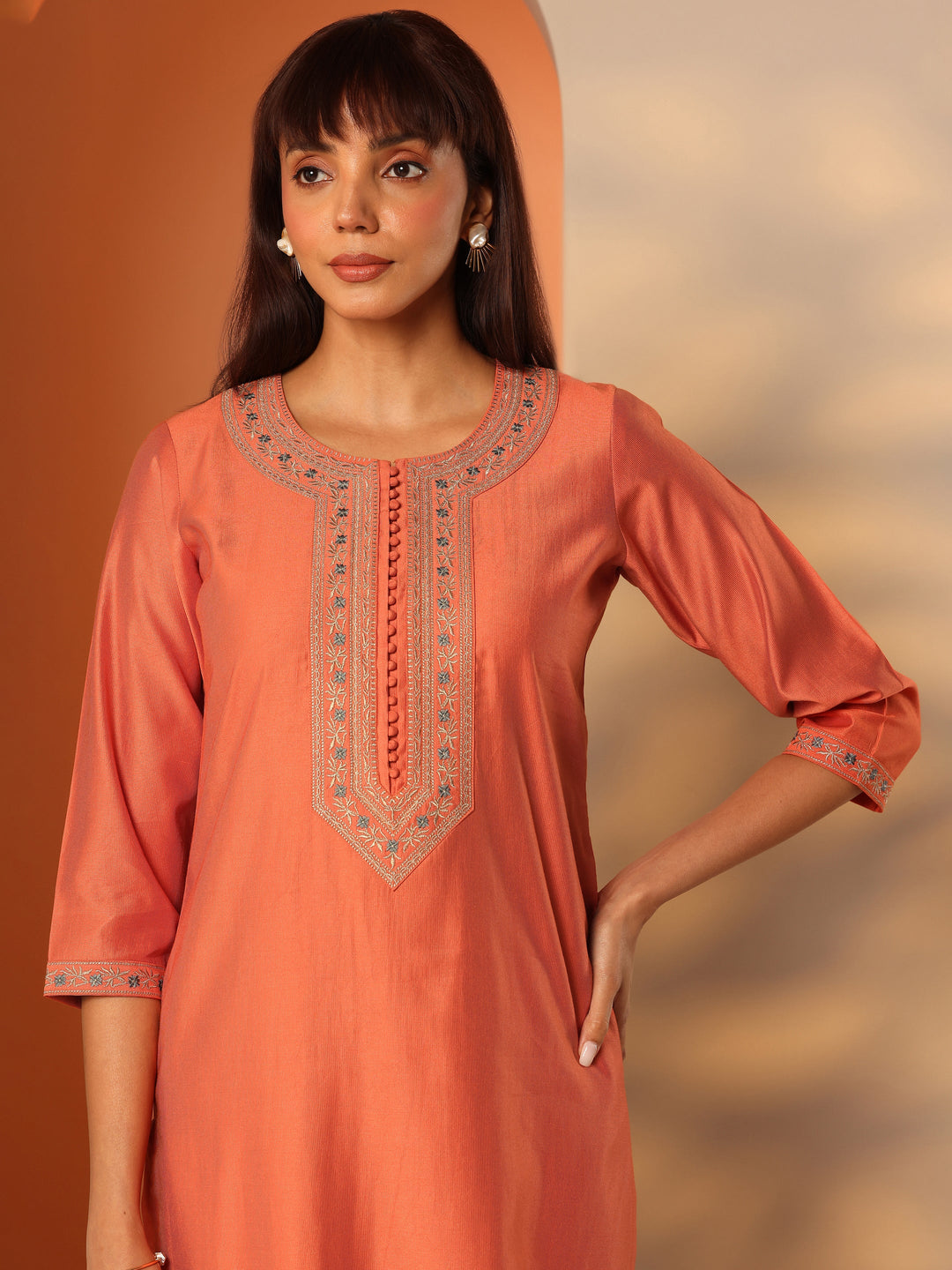  Orange Embroidered Silk Blend Straight Kurta 