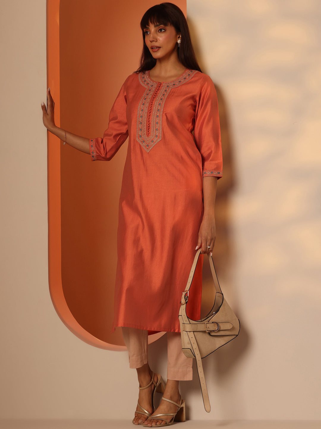  Orange Embroidered Silk Blend Straight Kurta 
