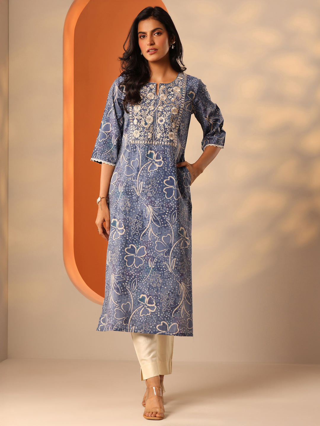  Blue Printed Silk Blend Straight Kurta 