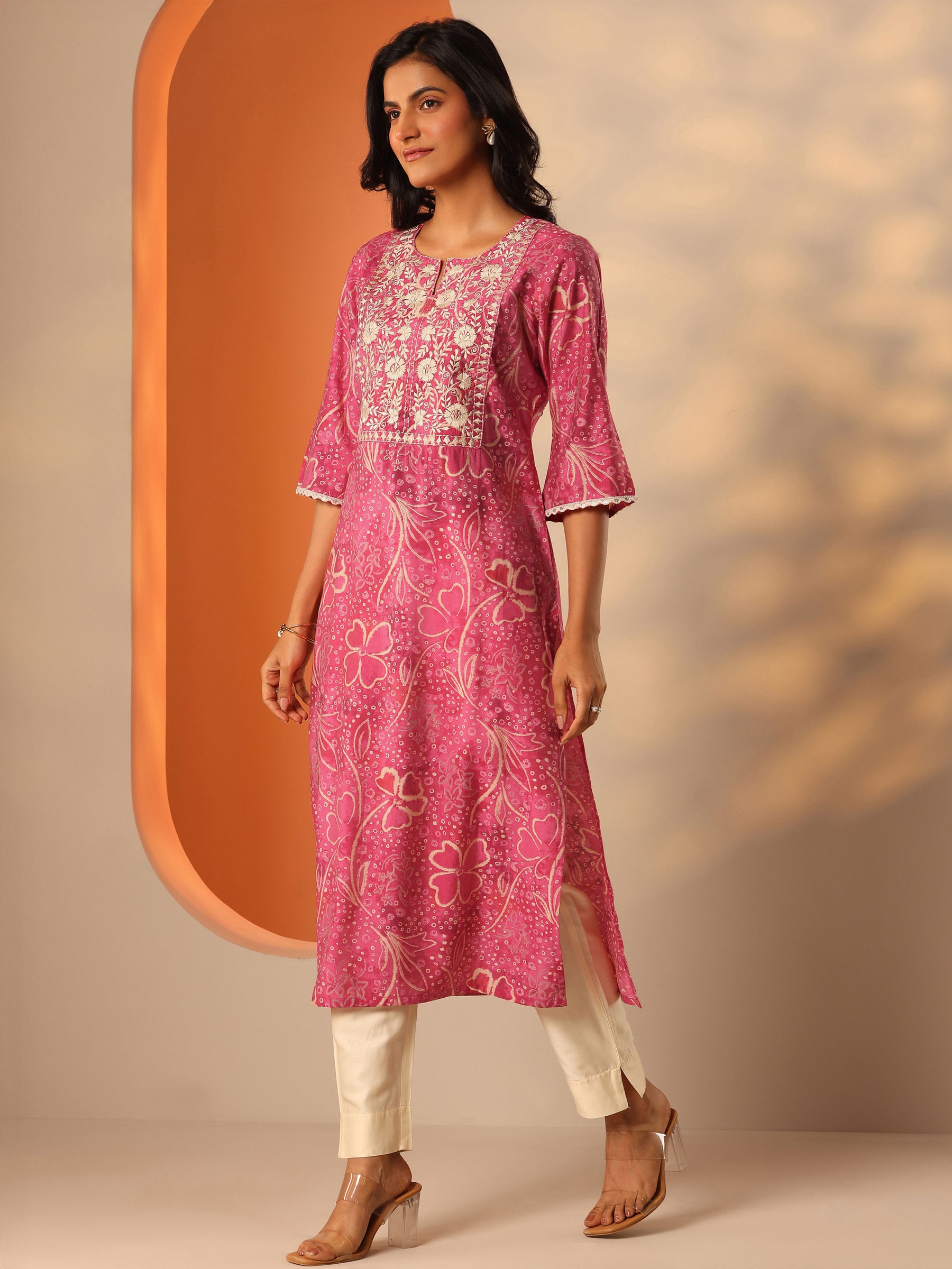 Pink Printed Silk Blend Straight Kurta