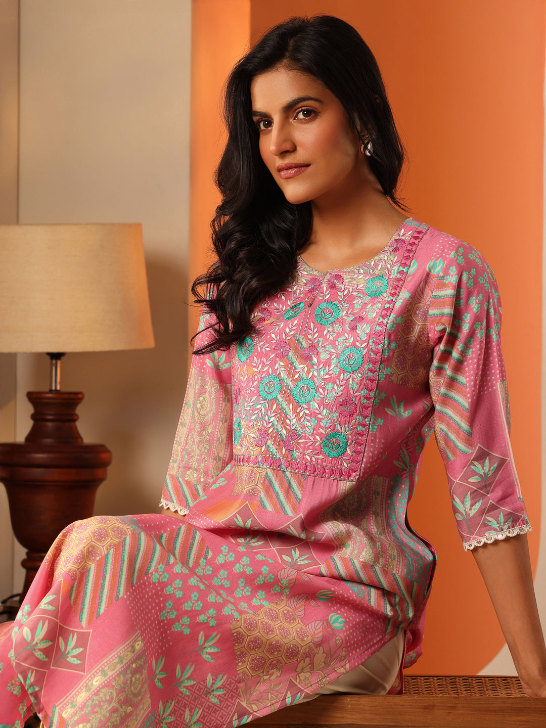  Pink Printed Silk Blend Straight Kurta 