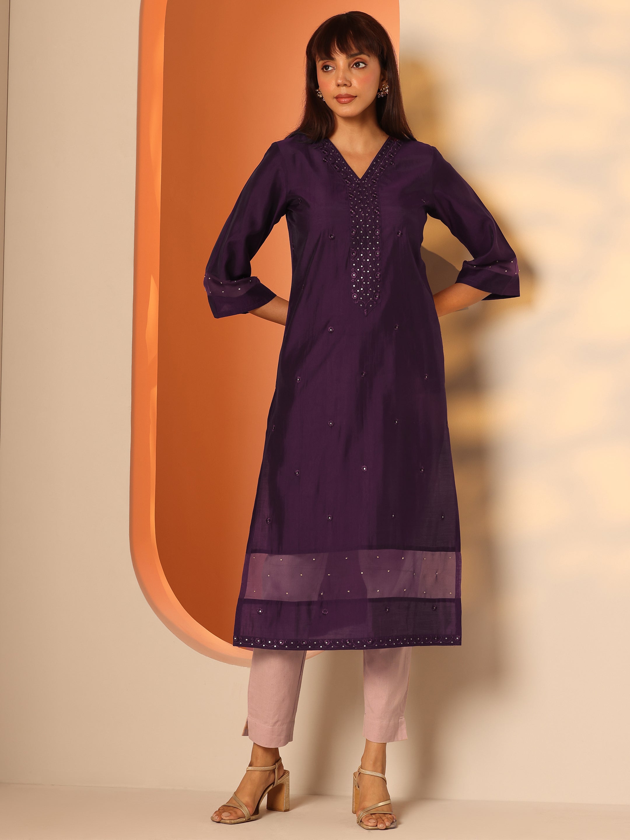libas Burgundy Embroidered Silk Blend Straight Kurta-picture-64