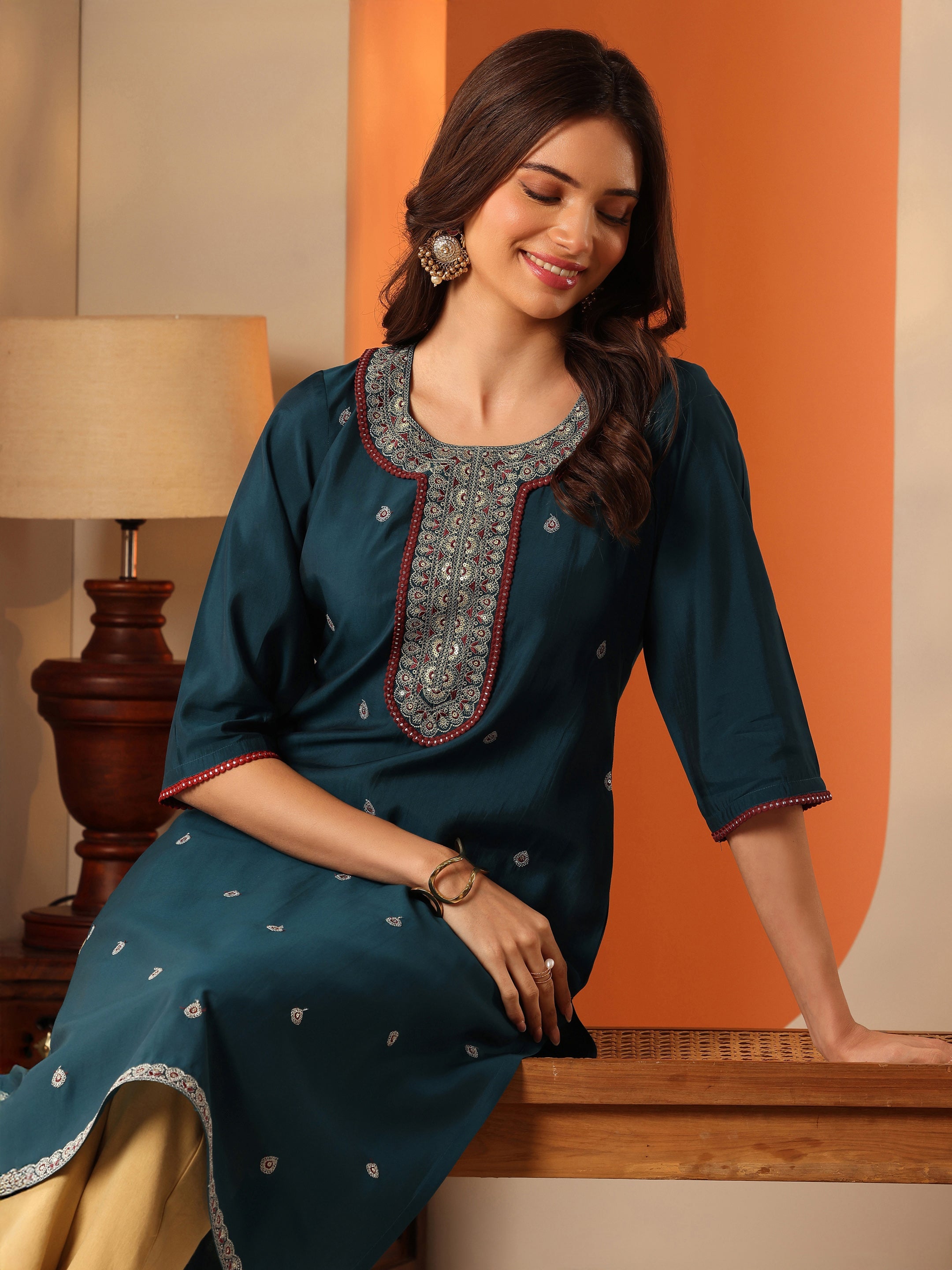 libas Teal Embroidered Silk Blend Straight Kurta-picture-48