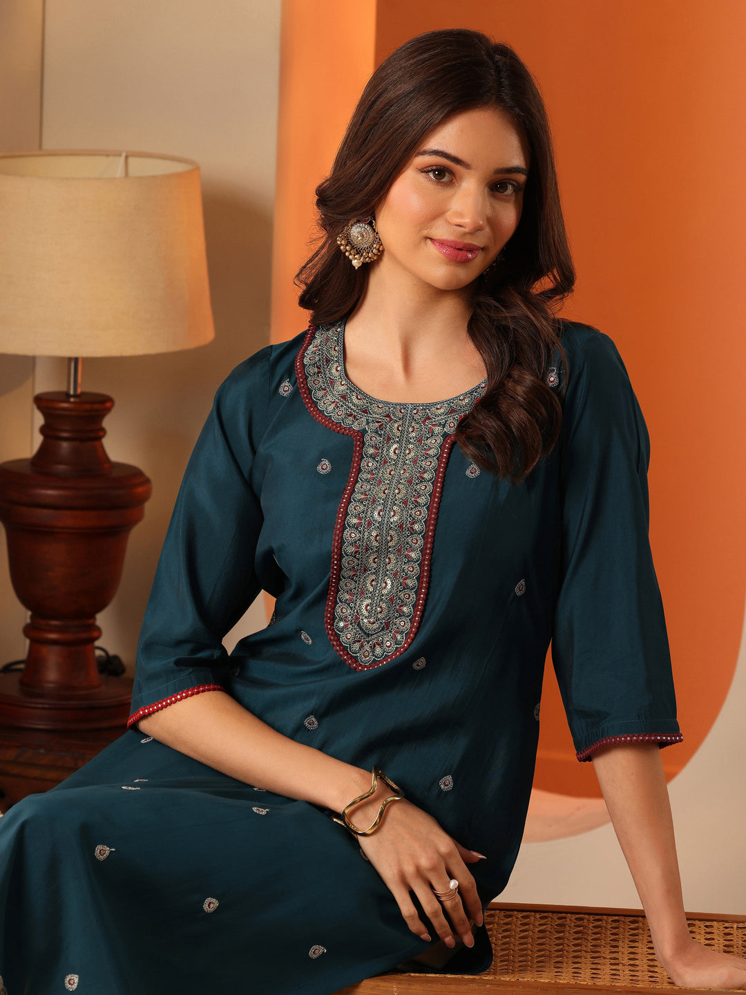  Teal Embroidered Silk Blend Straight Kurta 