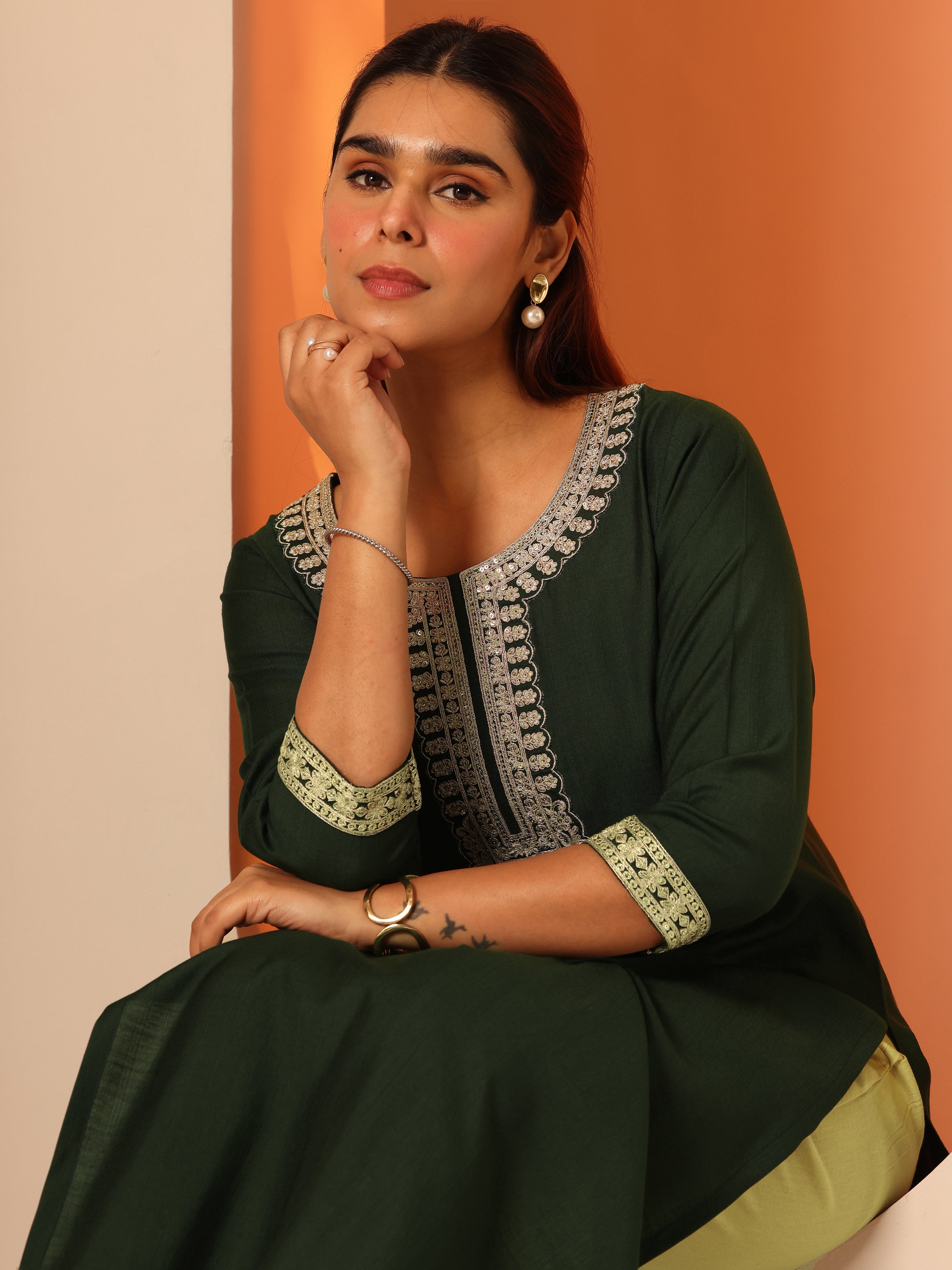 libas Green Embroidered Silk Blend Straight Kurta-picture-11