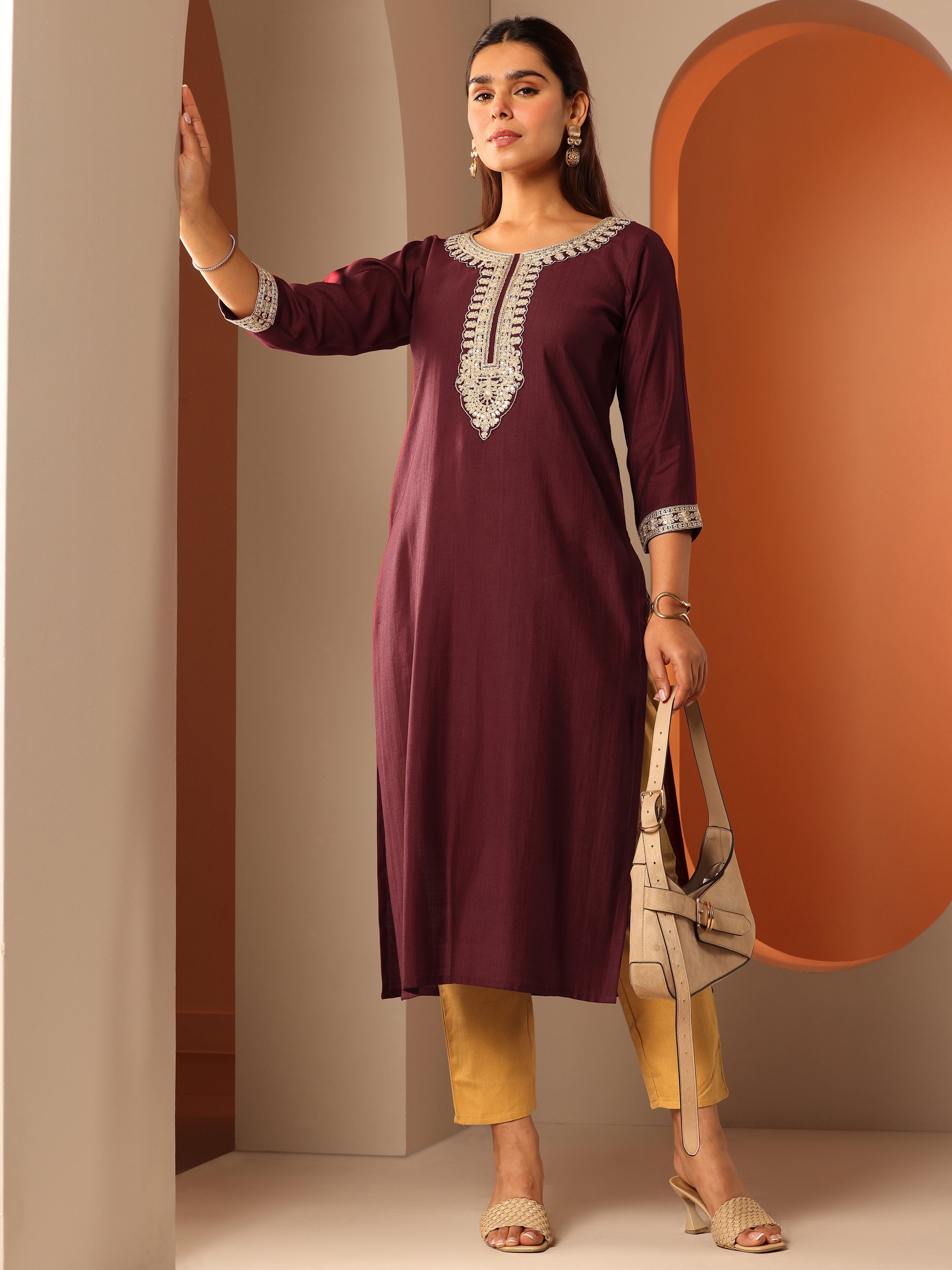 libas Maroon Embroidered Silk Blend Straight Kurta-picture-28