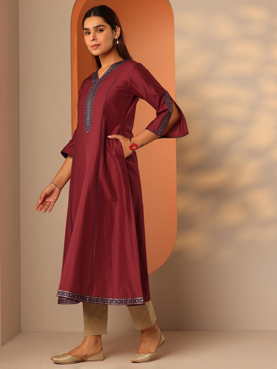  Maroon Embroidered Silk Blend A-Line Kurta 