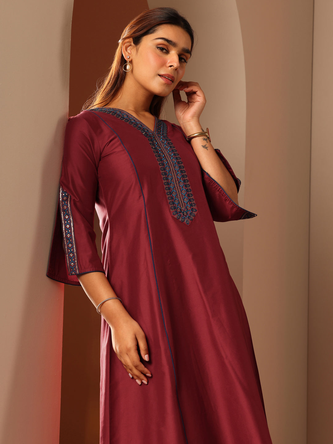  Maroon Embroidered Silk Blend A-Line Kurta 