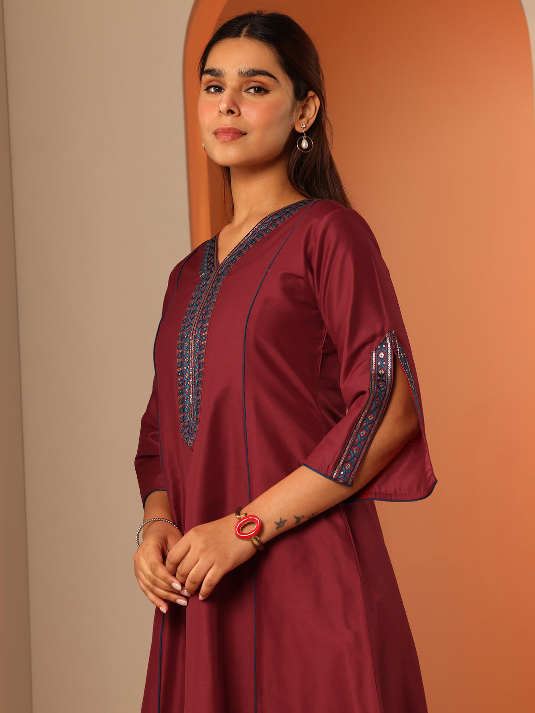  Maroon Embroidered Silk Blend A-Line Kurta 