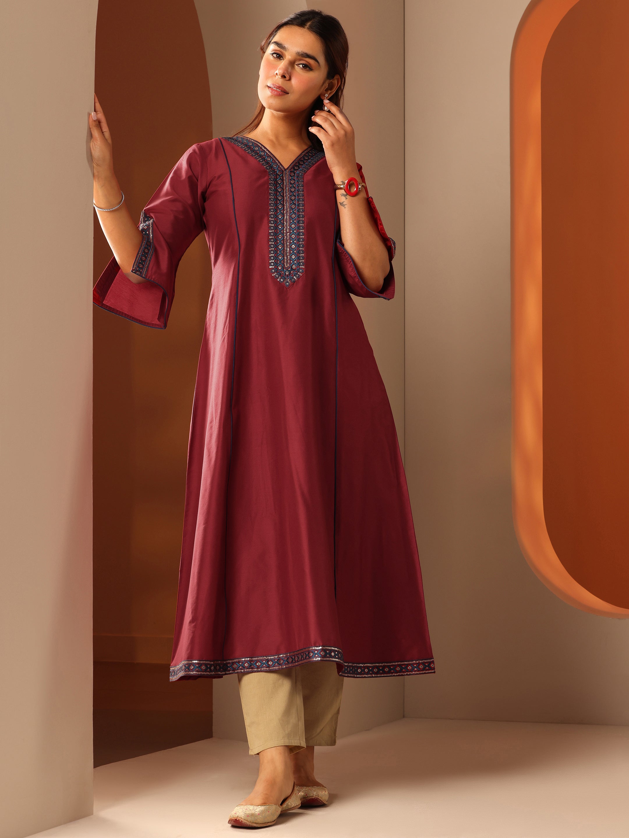 libas Maroon Embroidered Silk Blend A-Line Kurta-picture-66