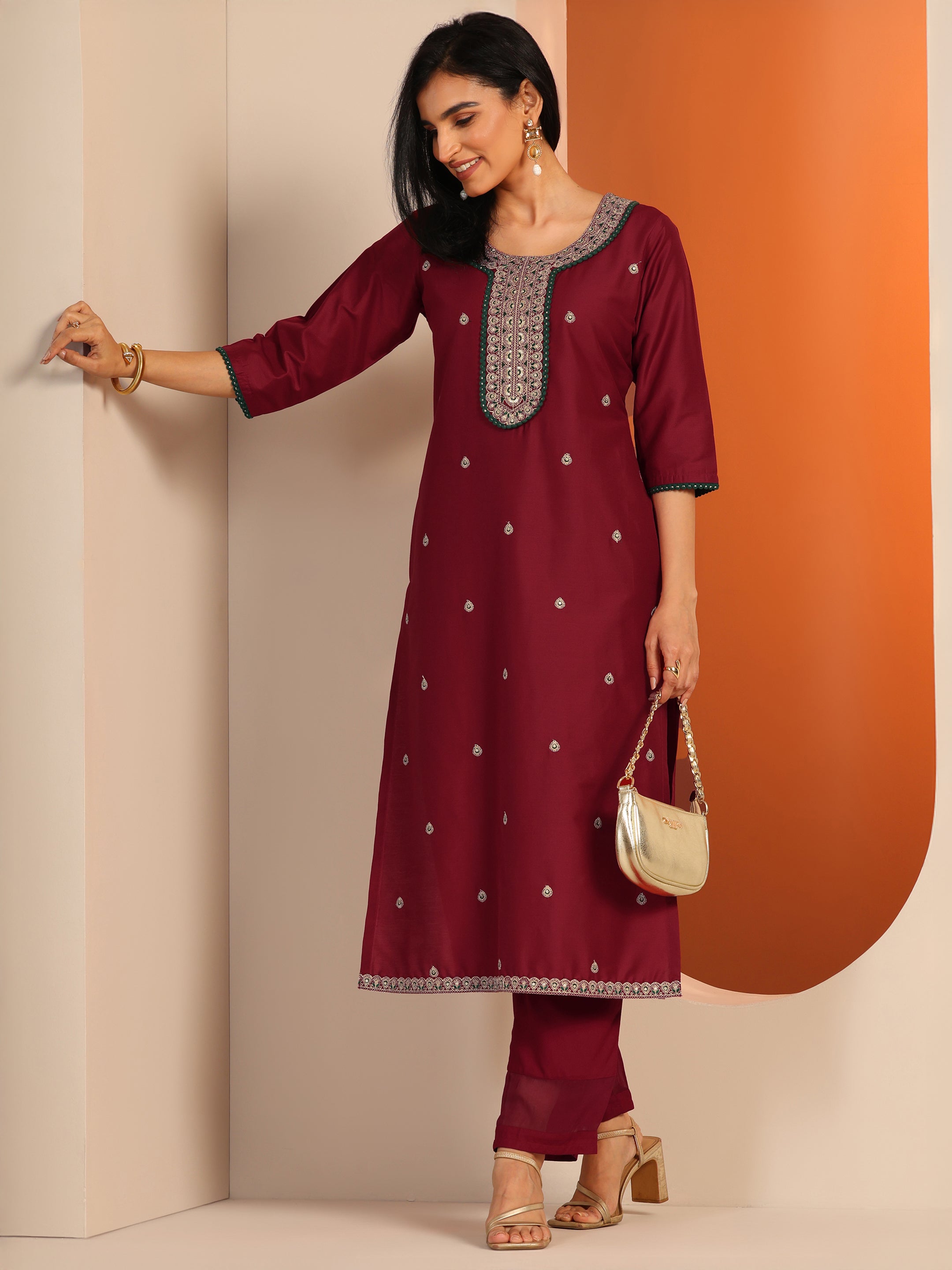 libas Maroon Embroidered Silk Blend Straight Kurta-picture-61