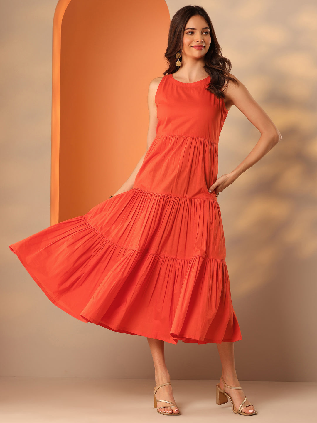  Orange Solid Cotton Fit And Flare One Piece Dress 
