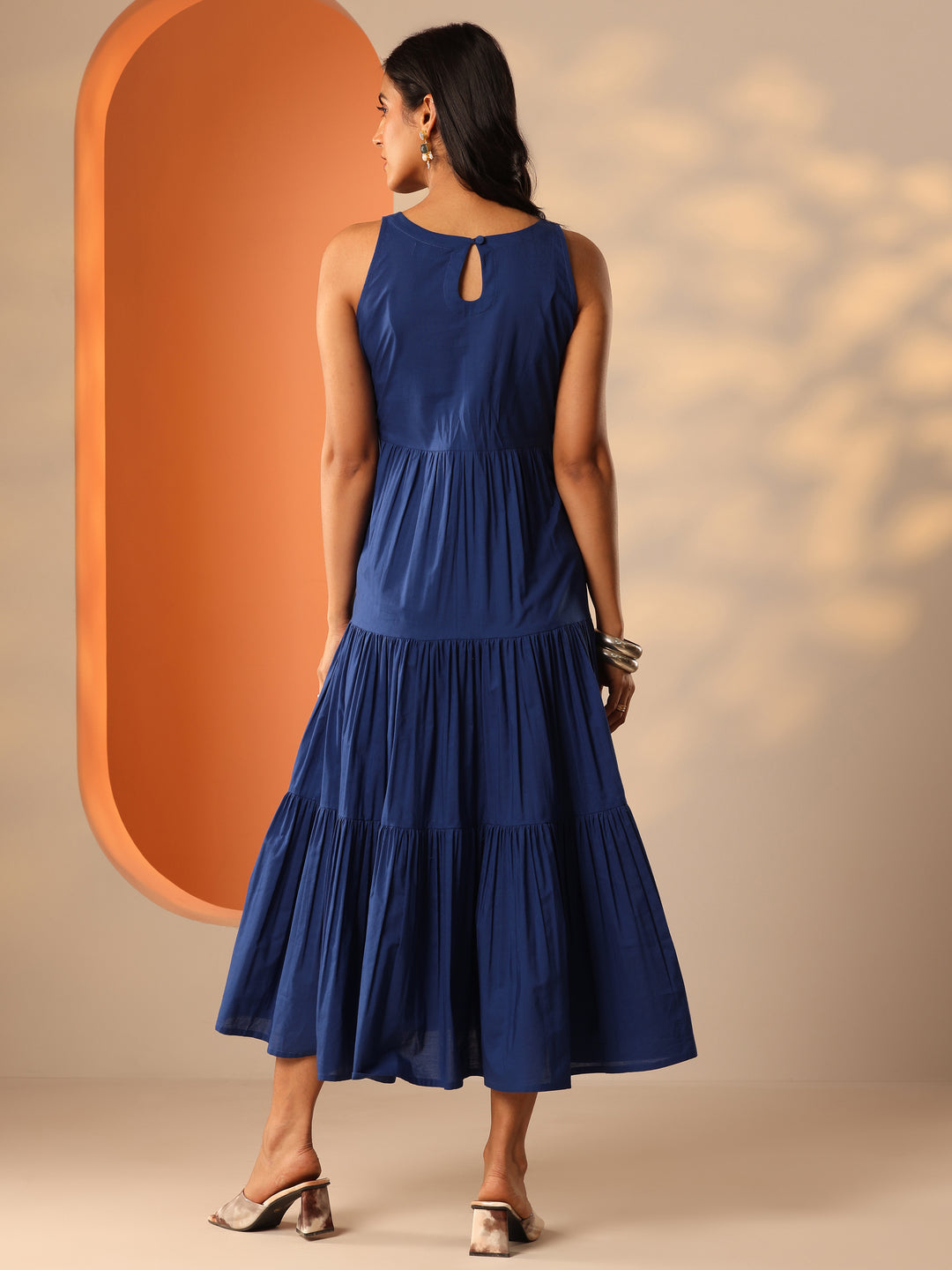  Blue Solid Cotton Fit And Flare One Piece Dress 