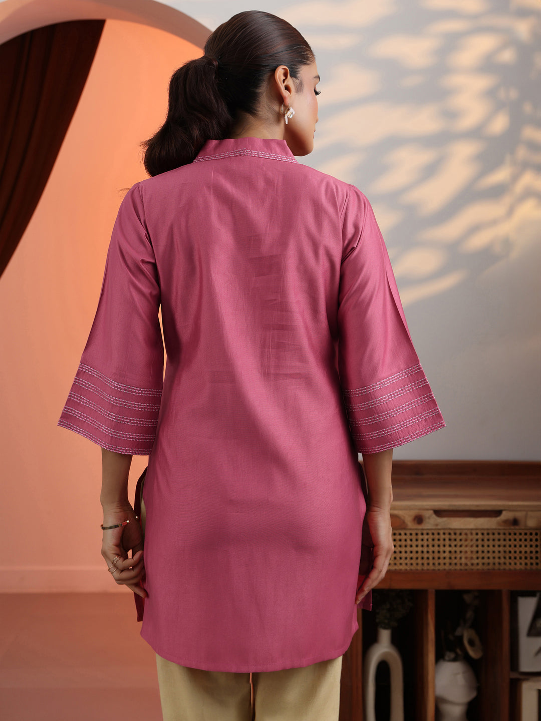  Peach Solid Silk Blend Straight Short Kurti 