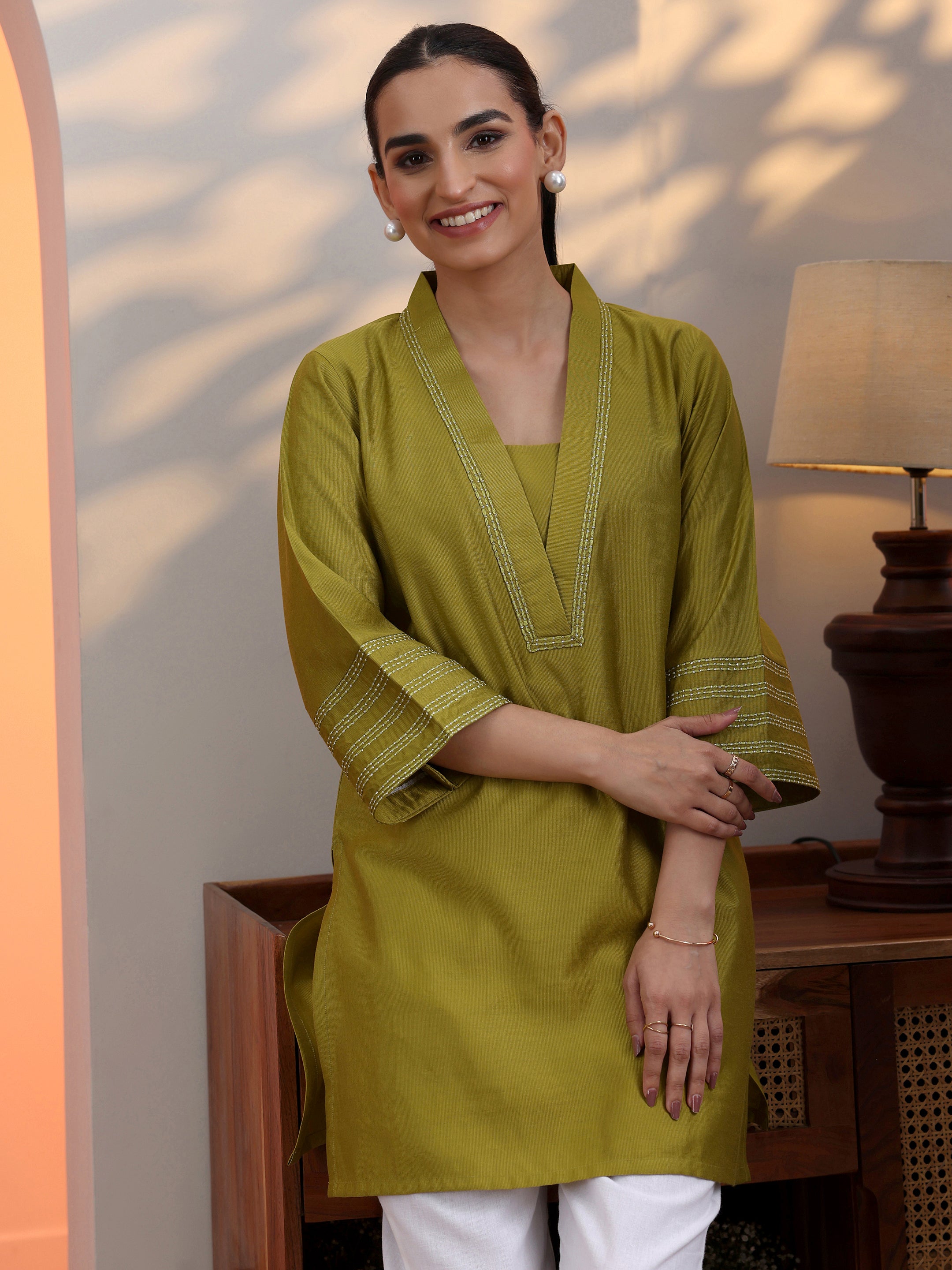 libas Green Solid Silk Blend Straight Short Kurti-picture-47