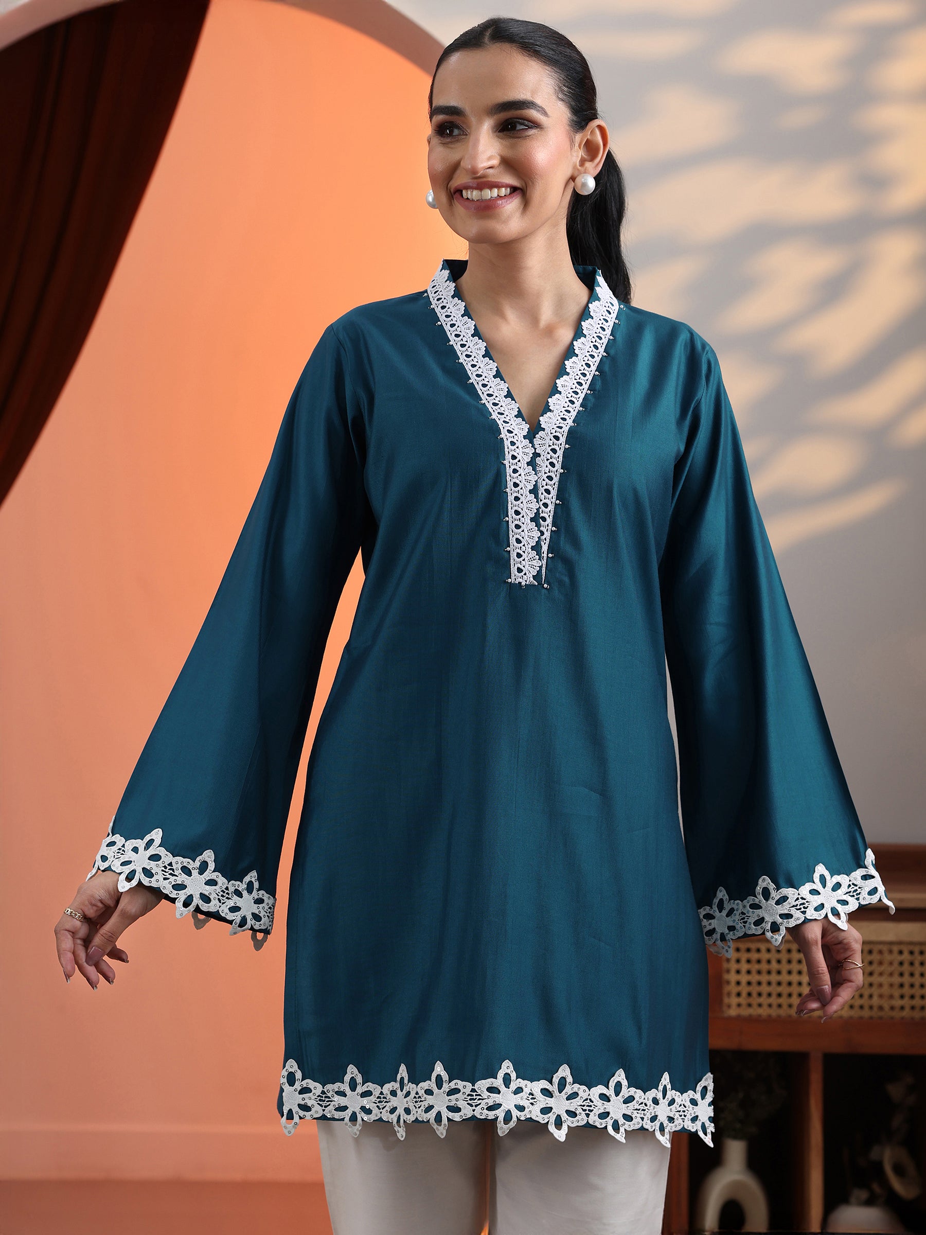 Beige Printed Silk Blend A-Line Kurti