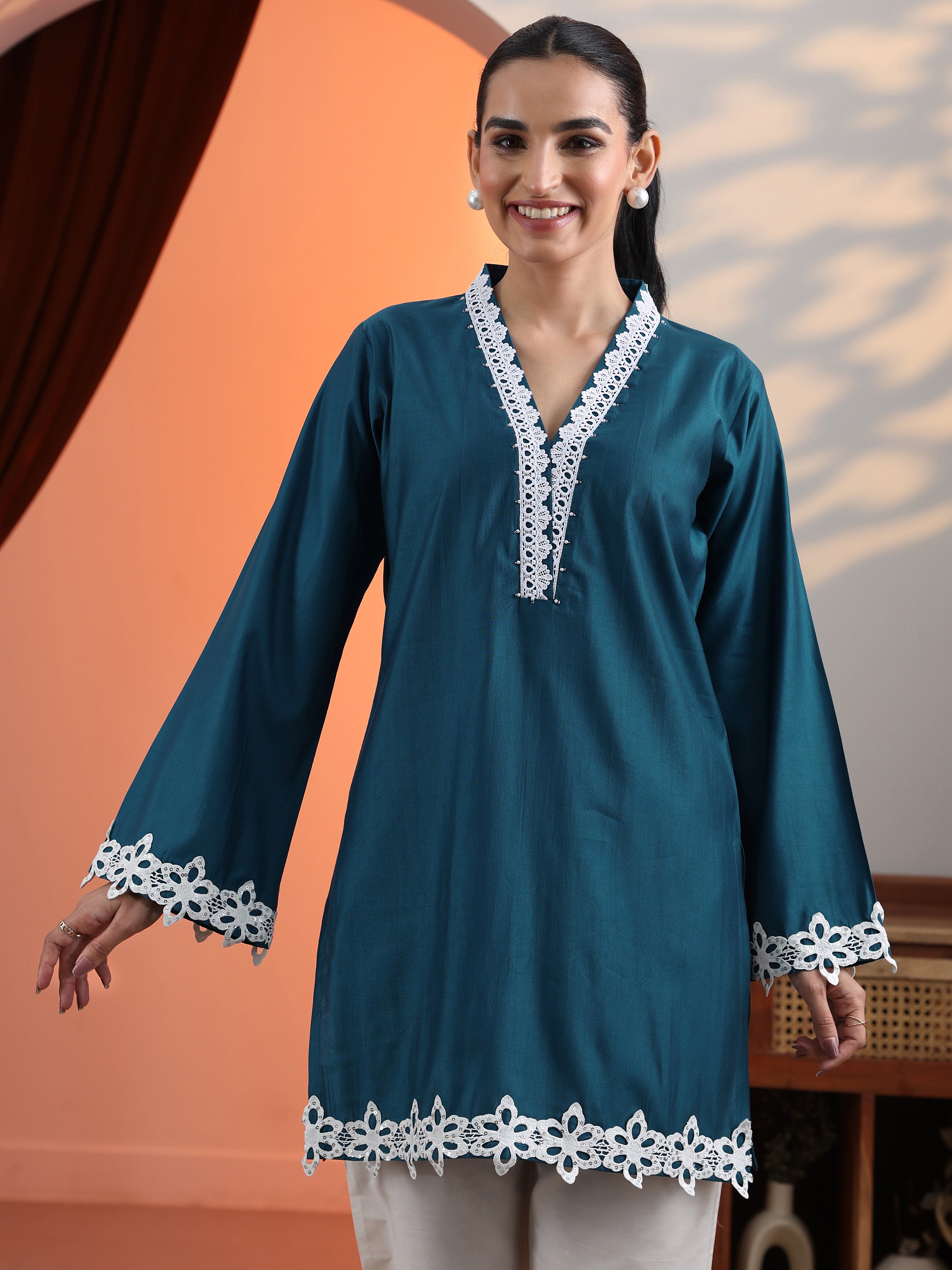 Blue Solid Silk Blend Straight Short Kurti-image-40