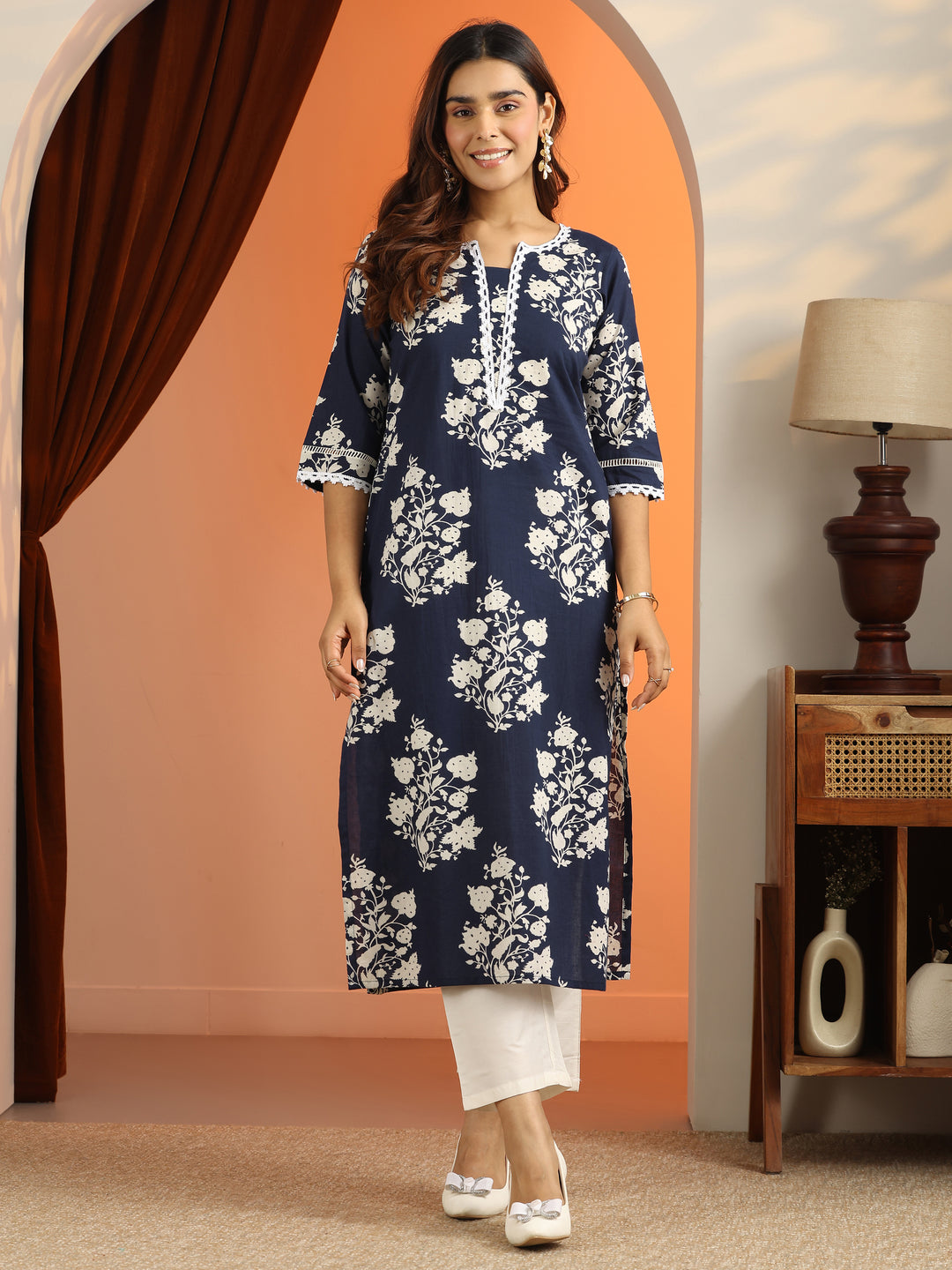  Blue Printed Cotton Straight Kurta 