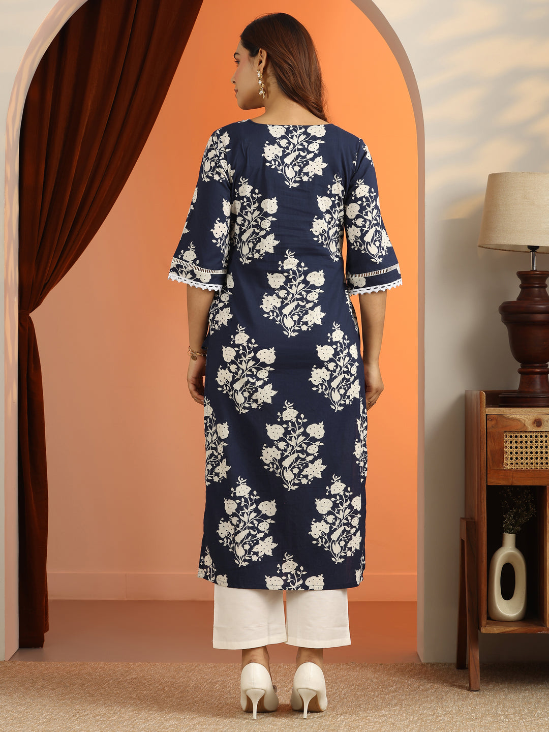 Blue Printed Cotton Straight Kurta 