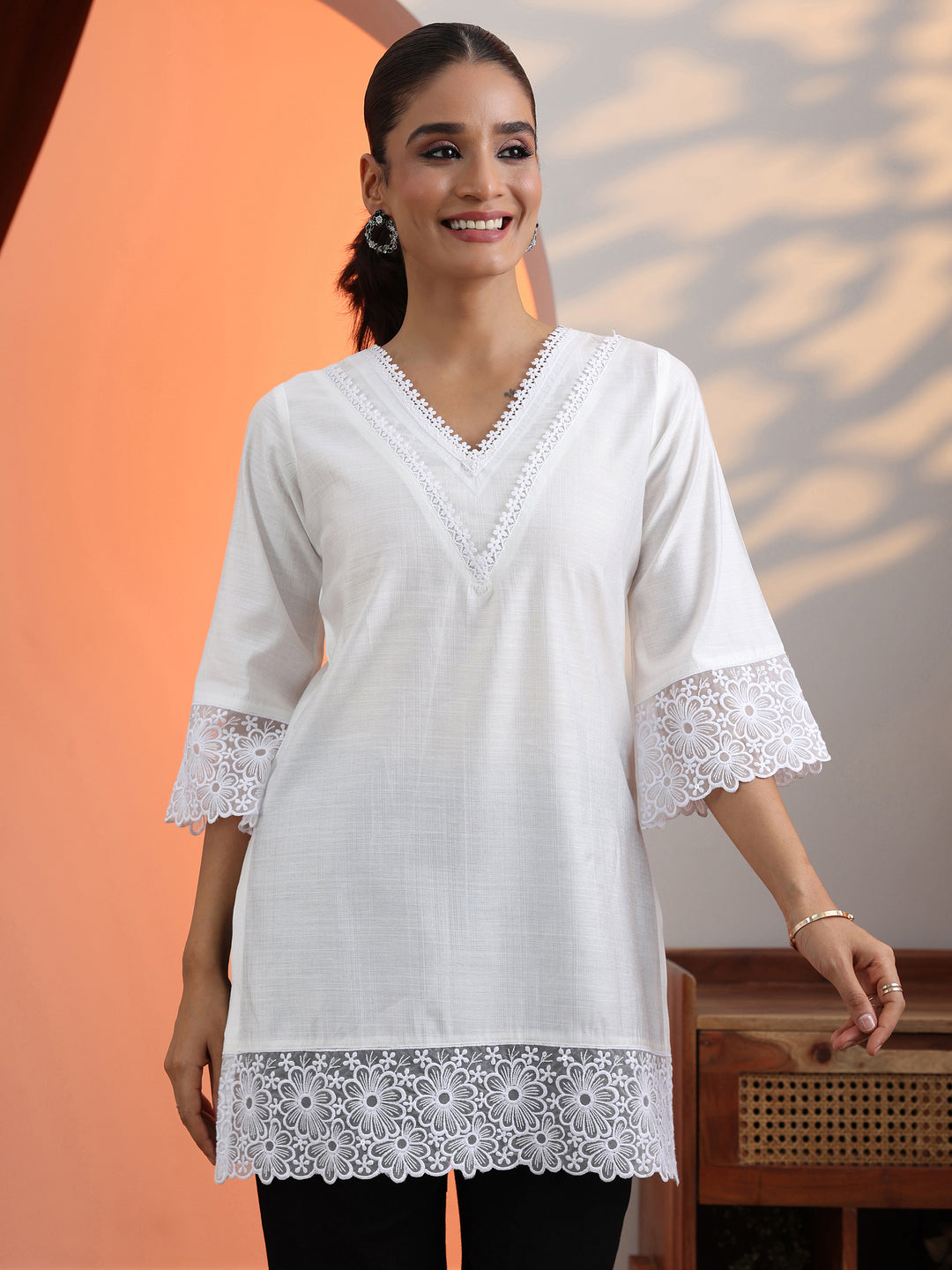  White Solid Silk Blend Straight Short Kurti 