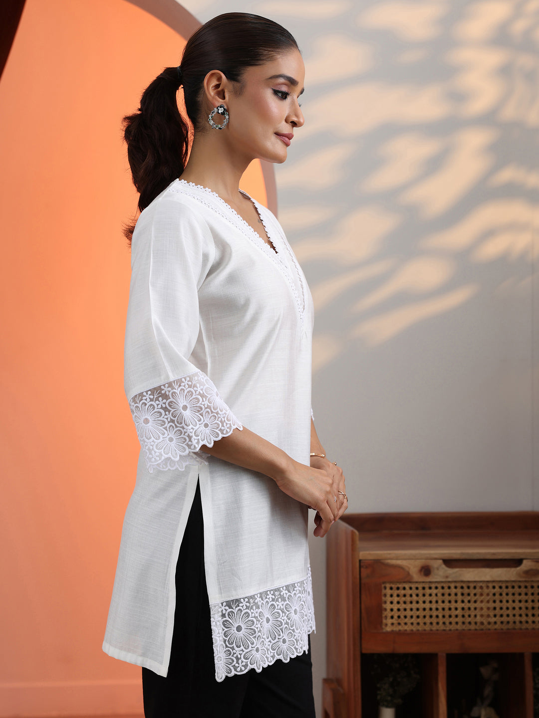  White Solid Silk Blend Straight Short Kurti 