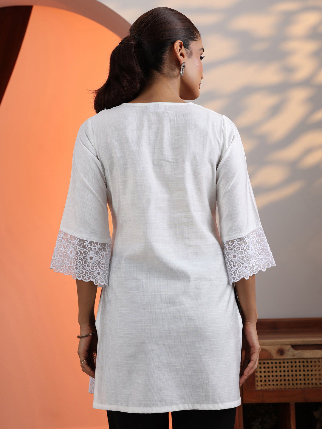  White Solid Silk Blend Straight Short Kurti 