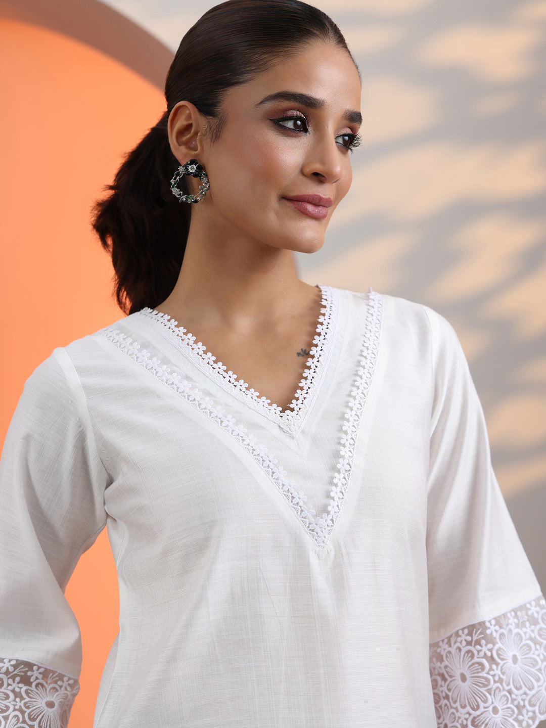  White Solid Silk Blend Straight Short Kurti 