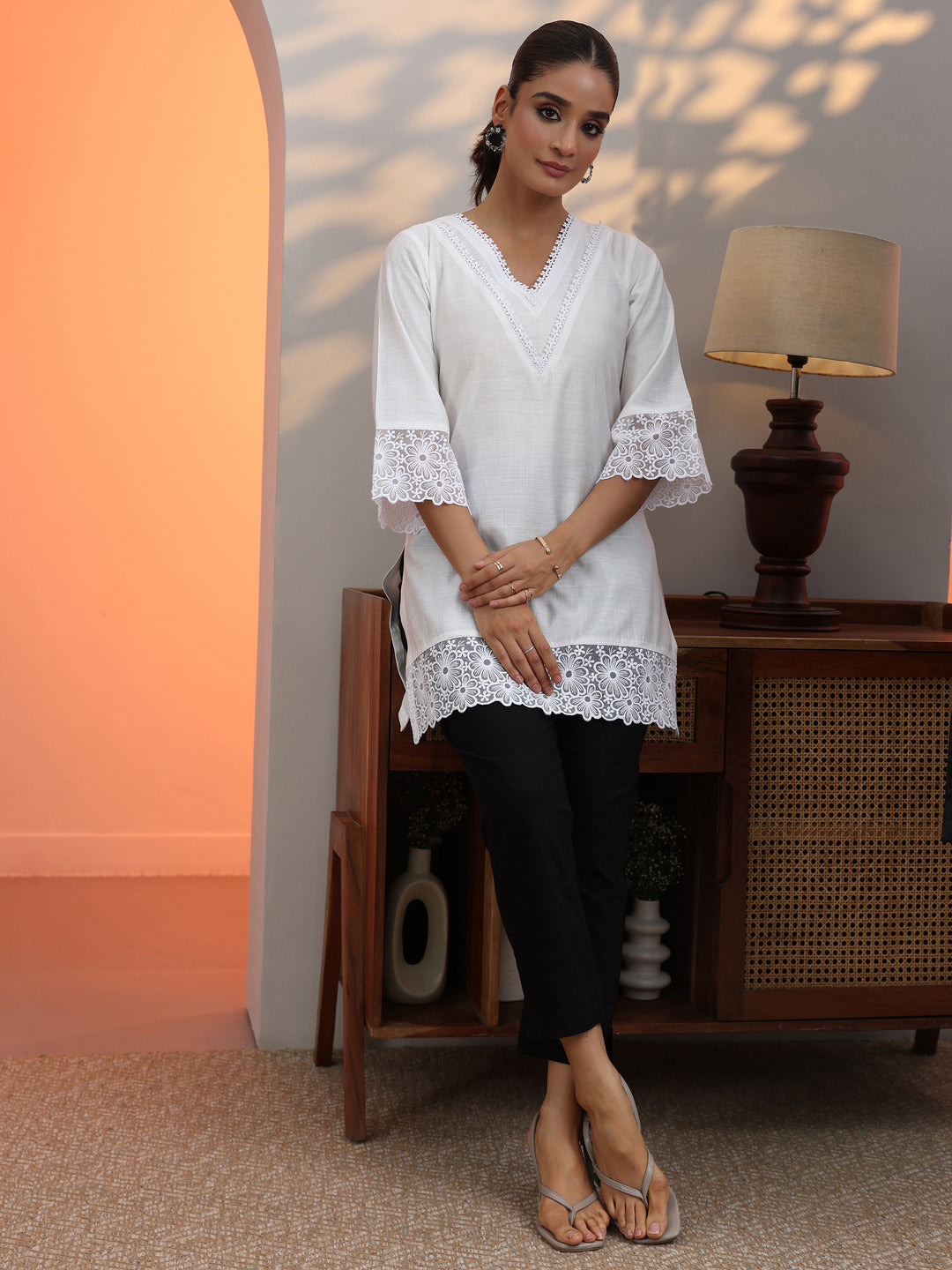  White Solid Silk Blend Straight Short Kurti 