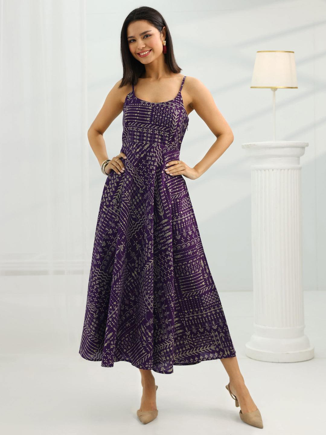  Purple Printed Silk Blend Fit And Flare One Piece Dress 