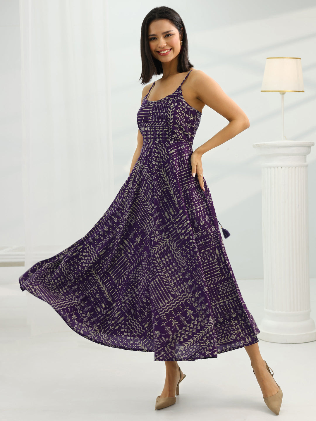  Purple Printed Silk Blend Fit And Flare One Piece Dress 