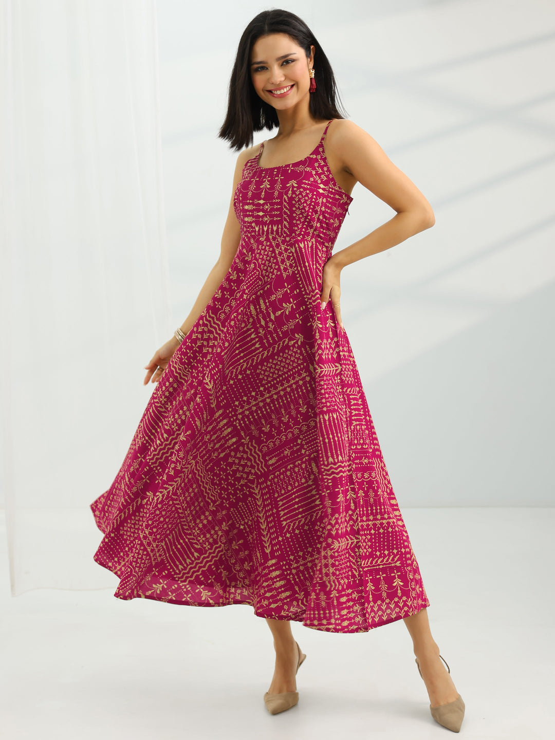  Maroon Printed Silk Blend Fit And Flare One Piece Dress 