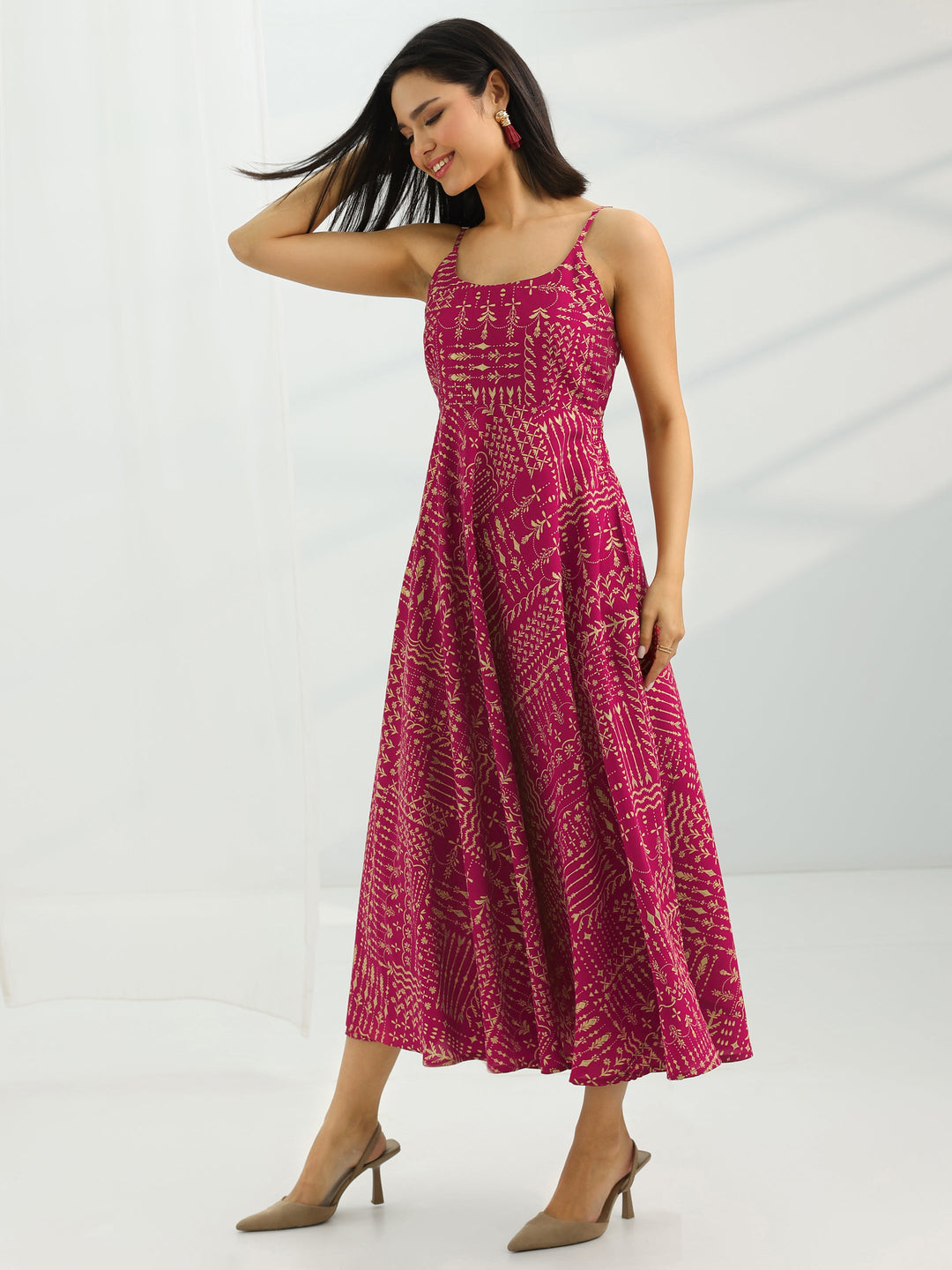  Maroon Printed Silk Blend Fit And Flare One Piece Dress 