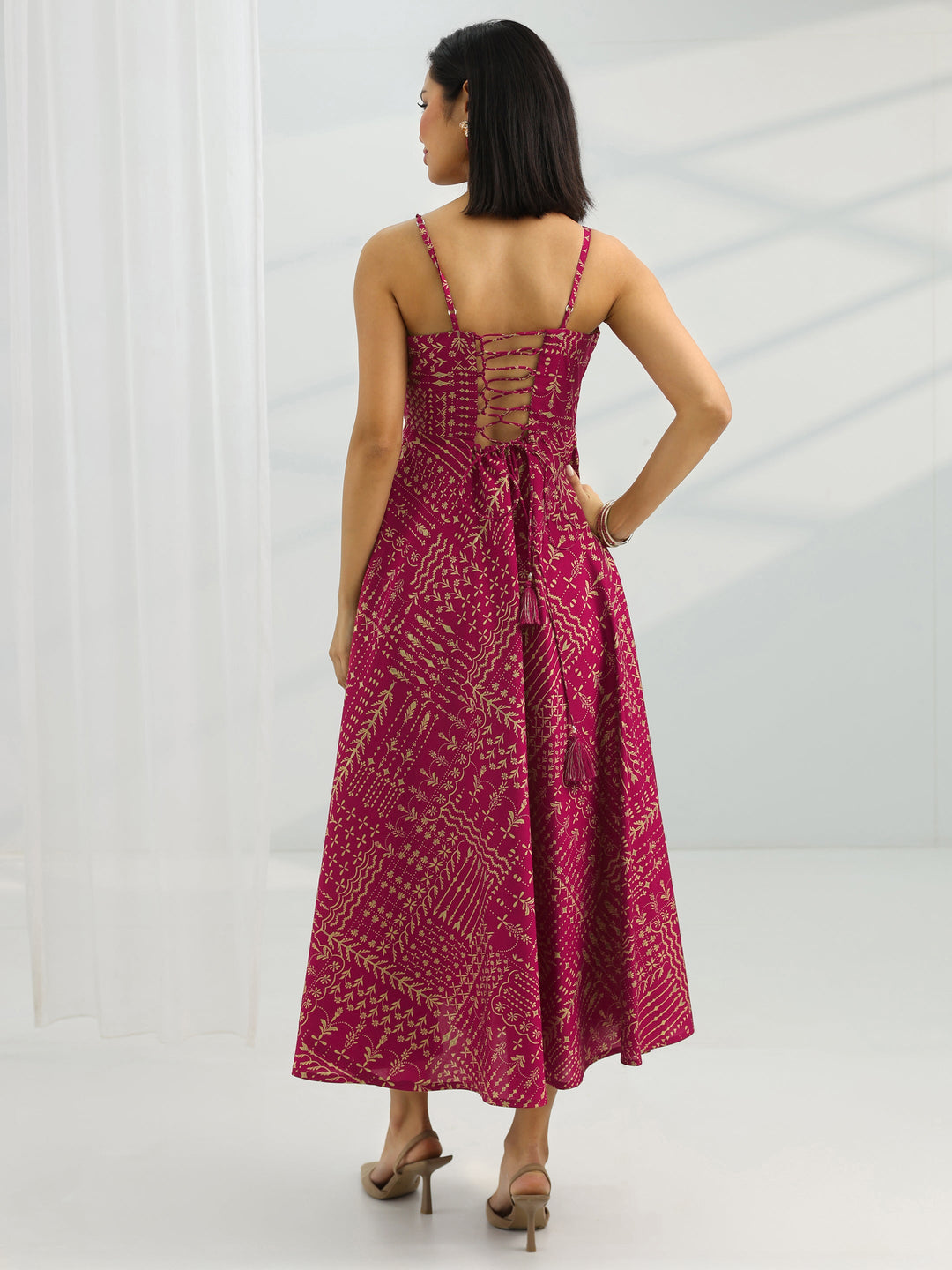  Maroon Printed Silk Blend Fit And Flare One Piece Dress 