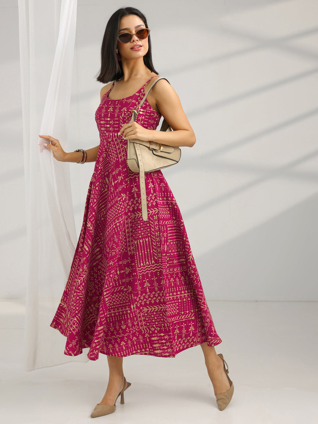  Maroon Printed Silk Blend Fit And Flare One Piece Dress 