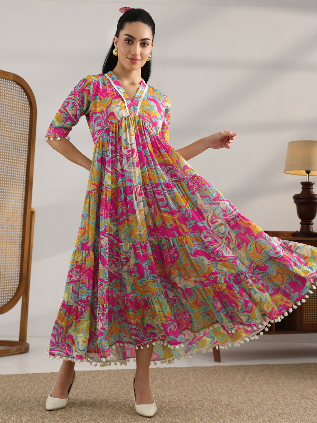  Multi Printed Silk Blend Fit And Flare One Piece Dress 