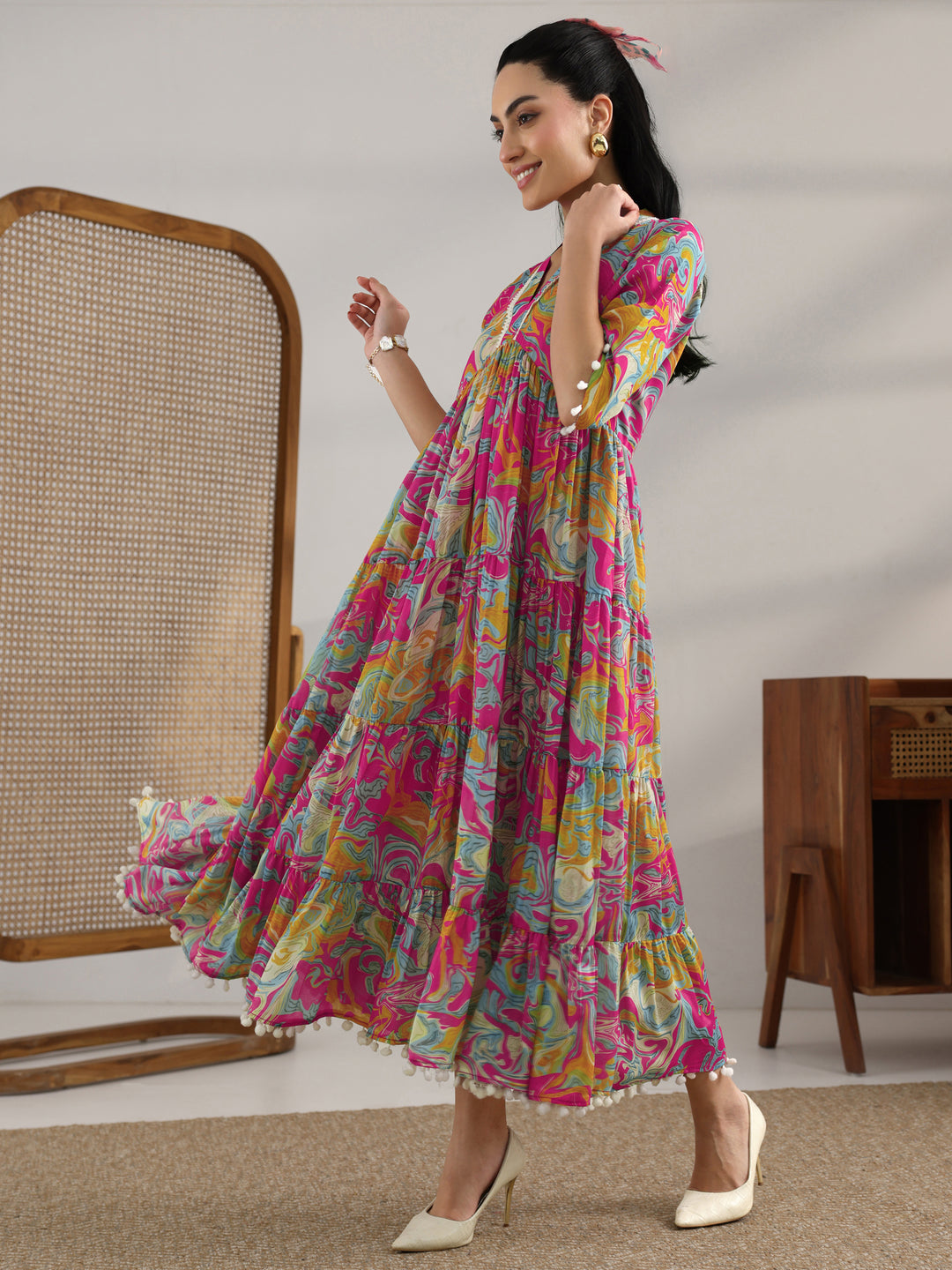  Multi Printed Silk Blend Fit And Flare One Piece Dress 