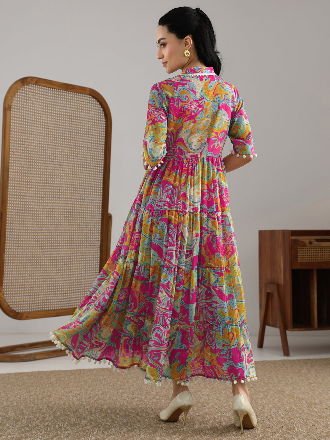  Multi Printed Silk Blend Fit And Flare One Piece Dress 