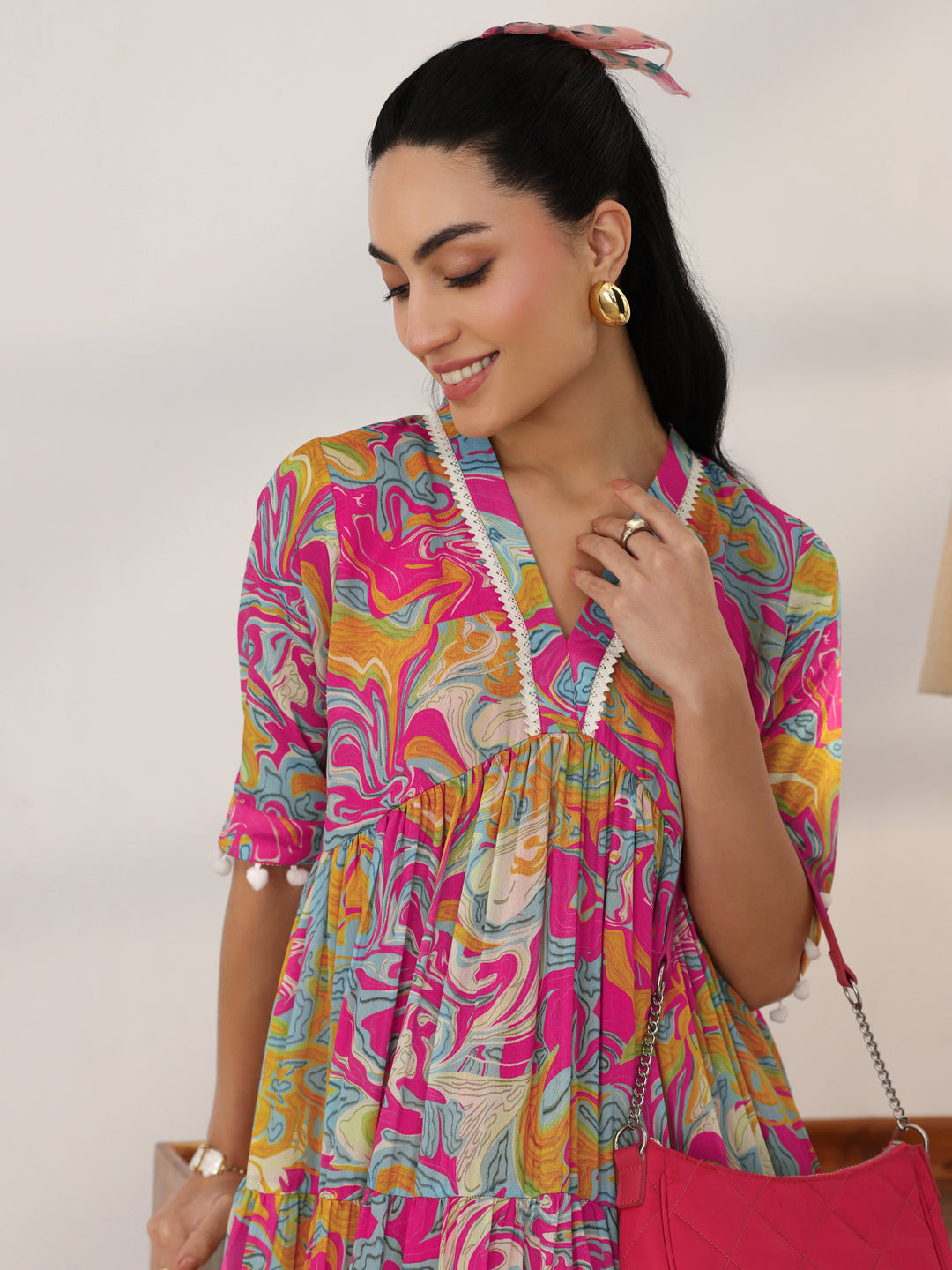  Multi Printed Silk Blend Fit And Flare One Piece Dress 