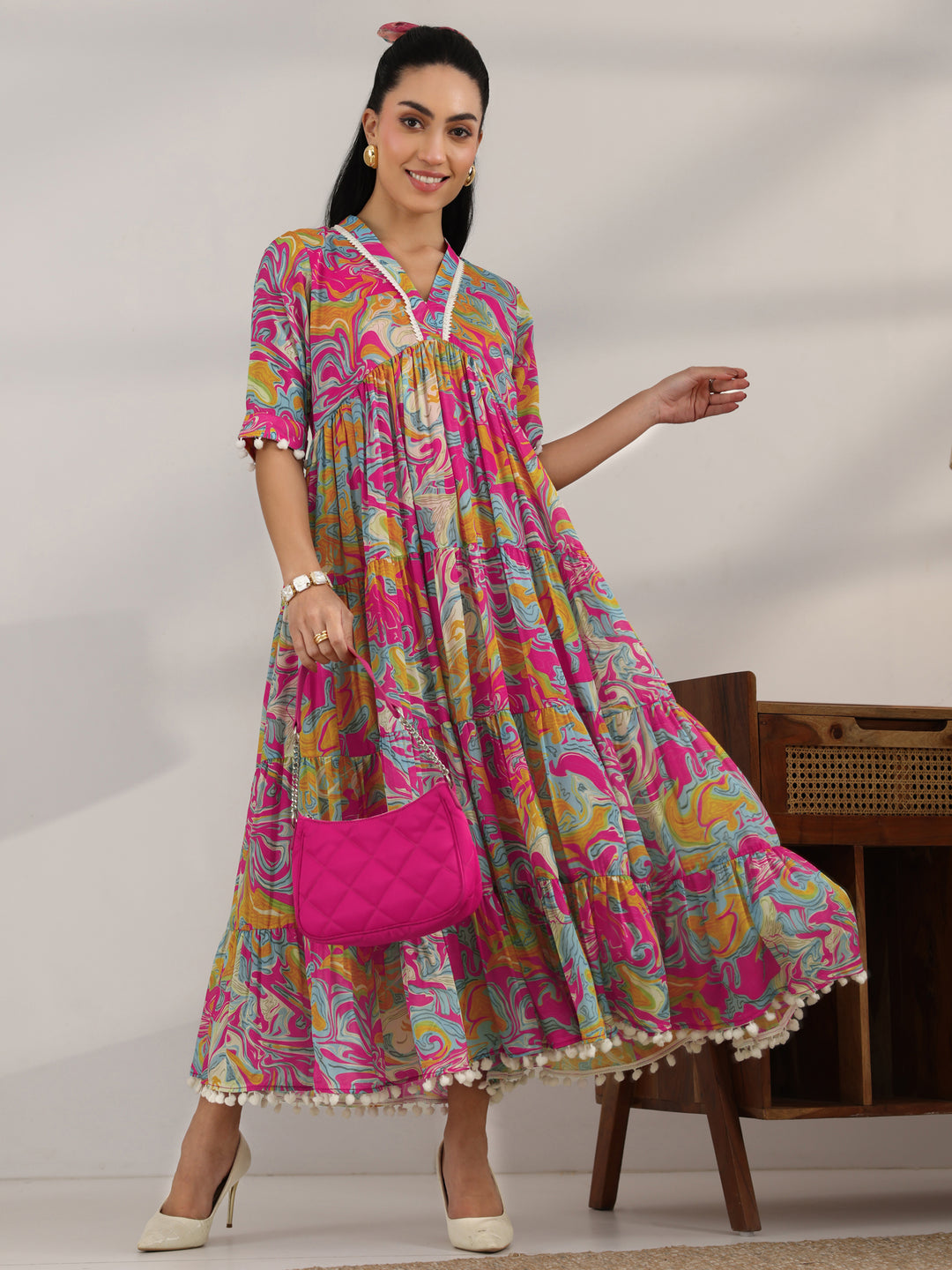  Multi Printed Silk Blend Fit And Flare One Piece Dress 